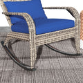 Outsunny Outdoor Wicker Adirondack Rocking Chair, Patio Rattan Rocker Chair With High Back, Seat Cushion, And Pillow For Garden, Porch, Balcony, Dark Blue Blue Rattan