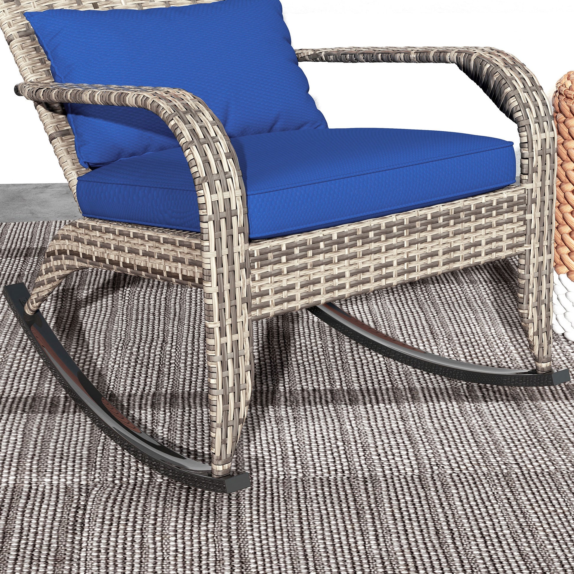Outsunny Outdoor Wicker Adirondack Rocking Chair, Patio Rattan Rocker Chair With High Back, Seat Cushion, And Pillow For Garden, Porch, Balcony, Dark Blue Blue Rattan