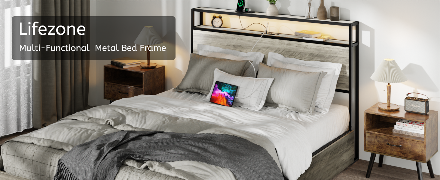 Queen Size Bed Frame With 4 Storage Drawers And 2 Usb Ports, Upholstered Platform Bed Frame With Storage Headboard Charging Station And Metal Slat Support, No Box Spring Needed, Dark Grey. Box Spring Not Required Queen Dark Grey Metal Bedroom Bed Frame