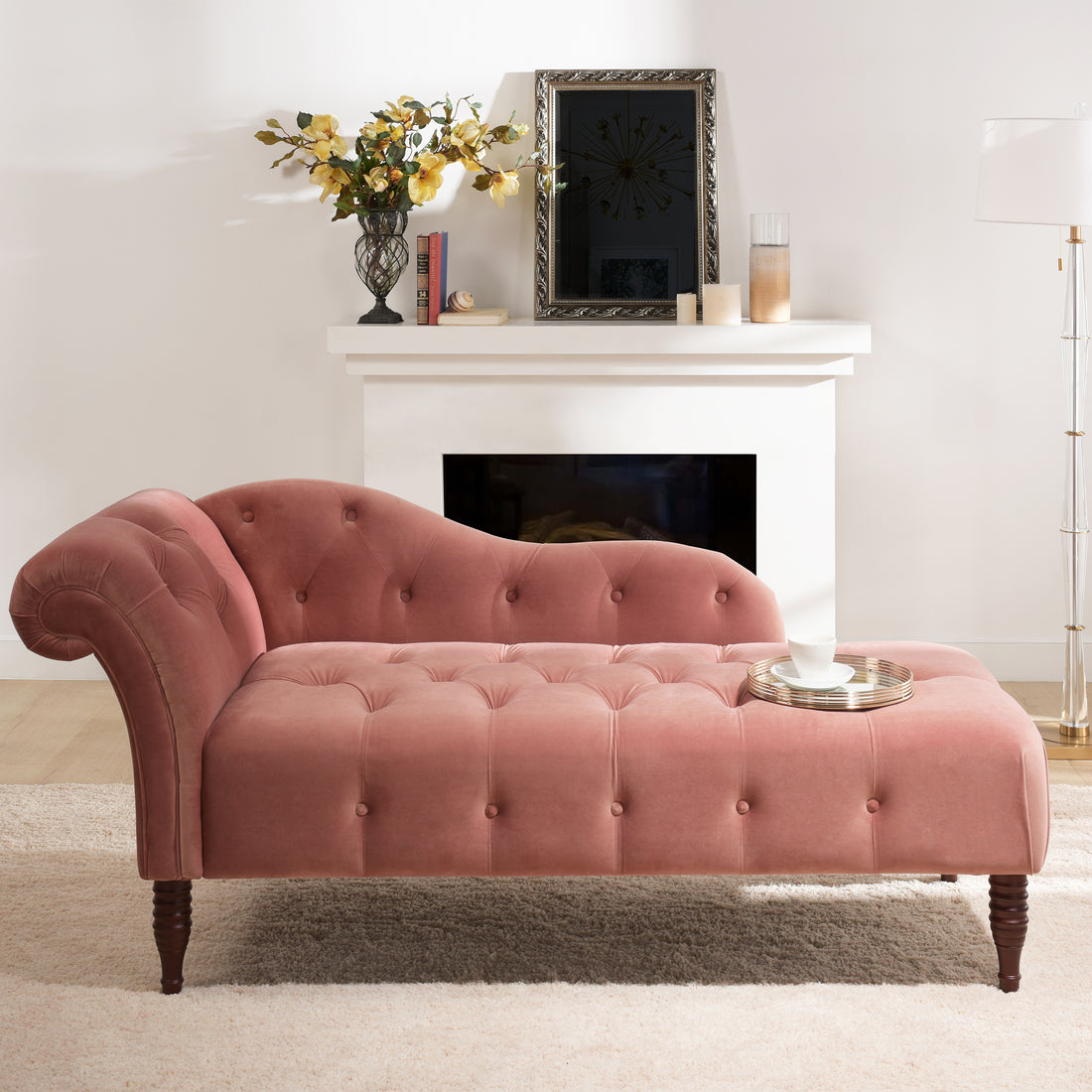 Samuel Tufted Roll Arm Chaise Lounge, Ash Rose Pink Velvet Pink Foam Velvet