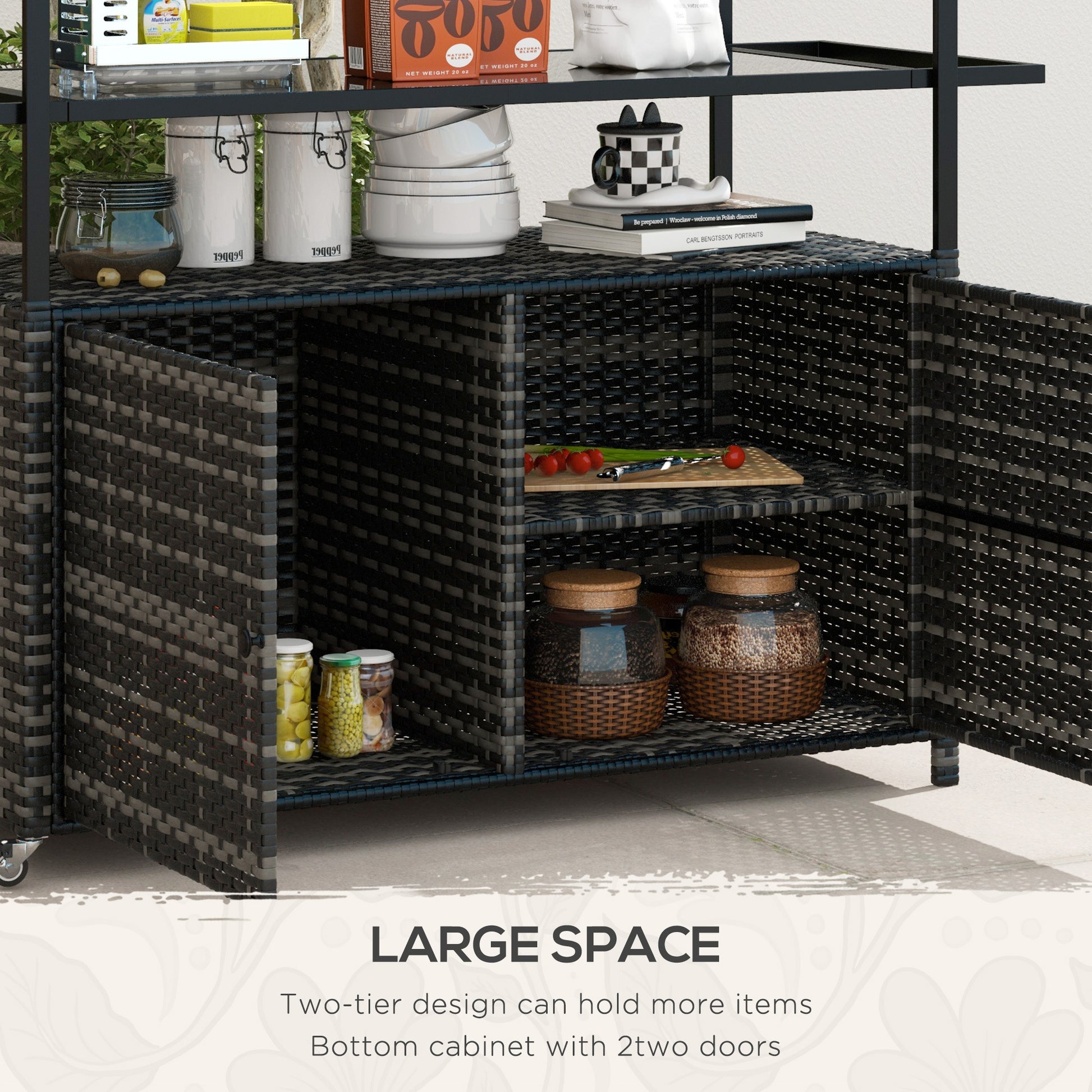 Outsunny Pe Rattan Outdoor Bar Table, Outdoor Kitchen Island With 2 Tier Shelf & Cabinet, Patio Serving Cart With Glass Top, Handles, Towel Racks For Poolside, Garden, Mixed Gray Gray Steel