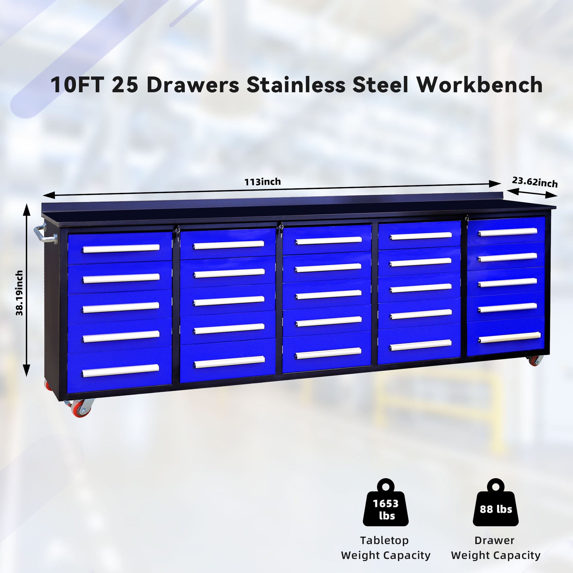 10Ft Workbench With Storage Drawers 25 Drawers Blue Blue Steel