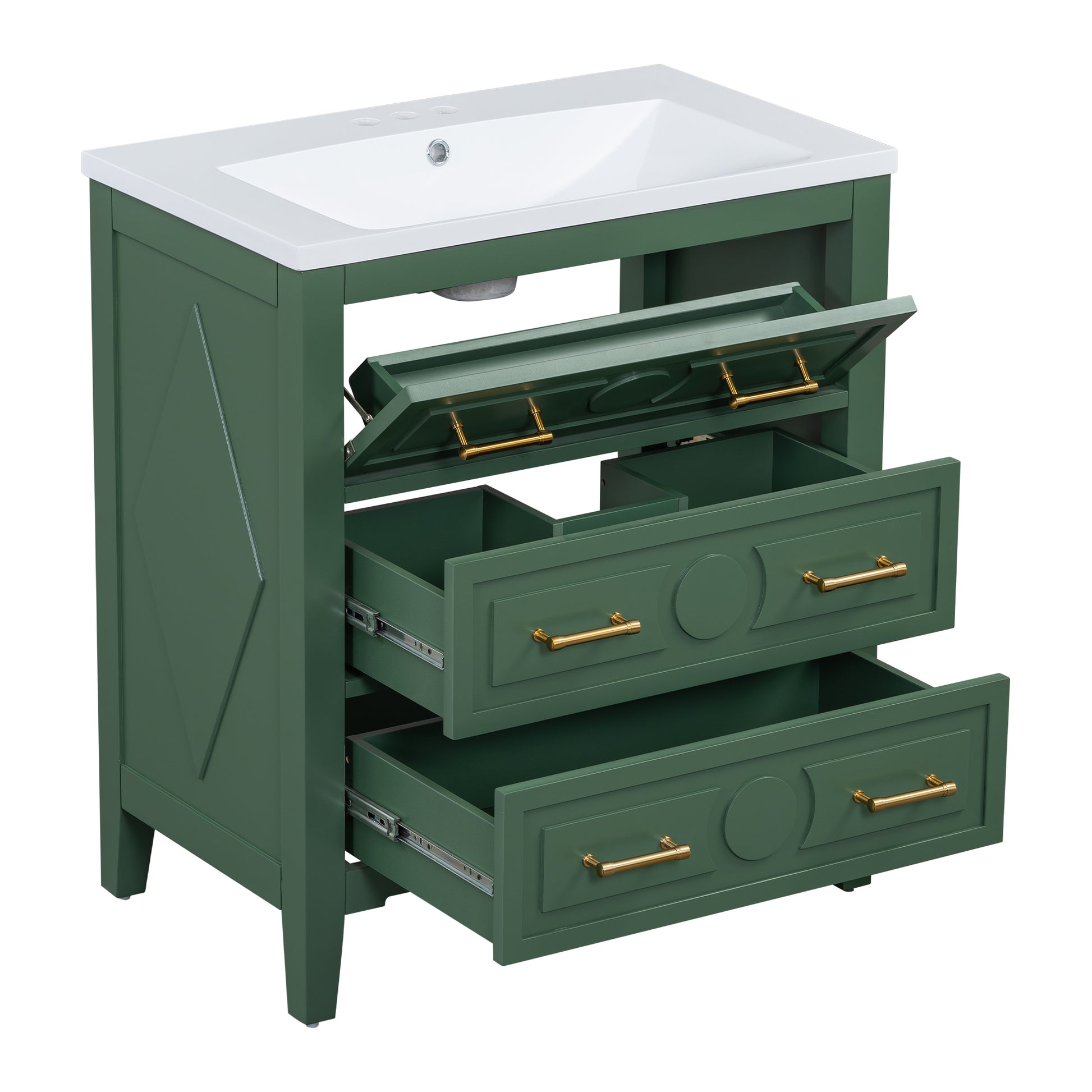 30'' Bathroom Vanity With Resin Sink Combo, Free Standing Single Vanity Set With 3 Drawers, Solid Wood Frame Bathroom Storage Cabinet, Green 3 Green Bathroom Freestanding Solid Wood Mdf Resin Painted