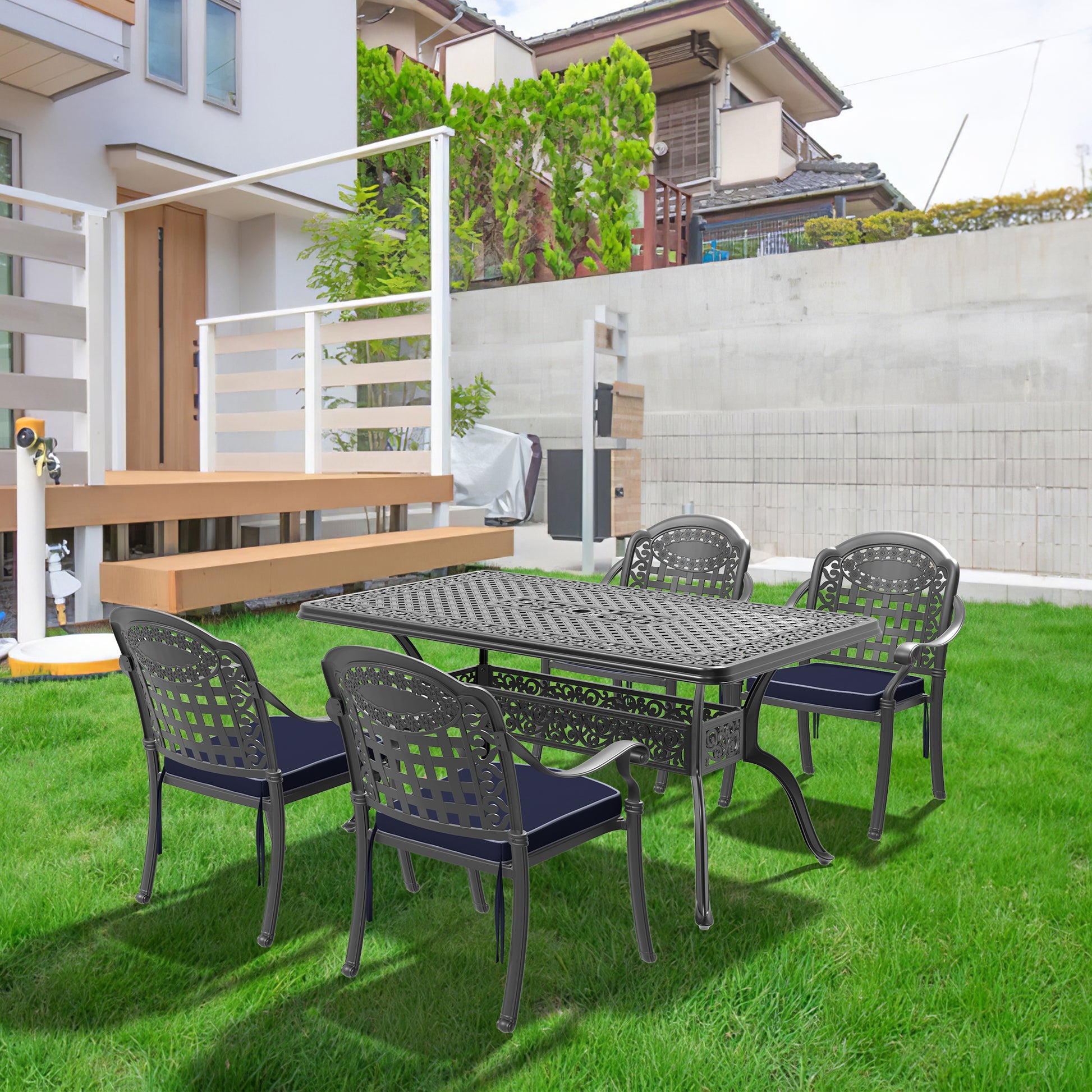 Cushions In Random Colors 5 Piece Set Of Cast Aluminum Patio Furniture With Cushions Yes Dining Set Black Seats 4 Rust Resistant Frame Water Resistant Cushion Garden & Outdoor Complete Patio Sets Aluminium