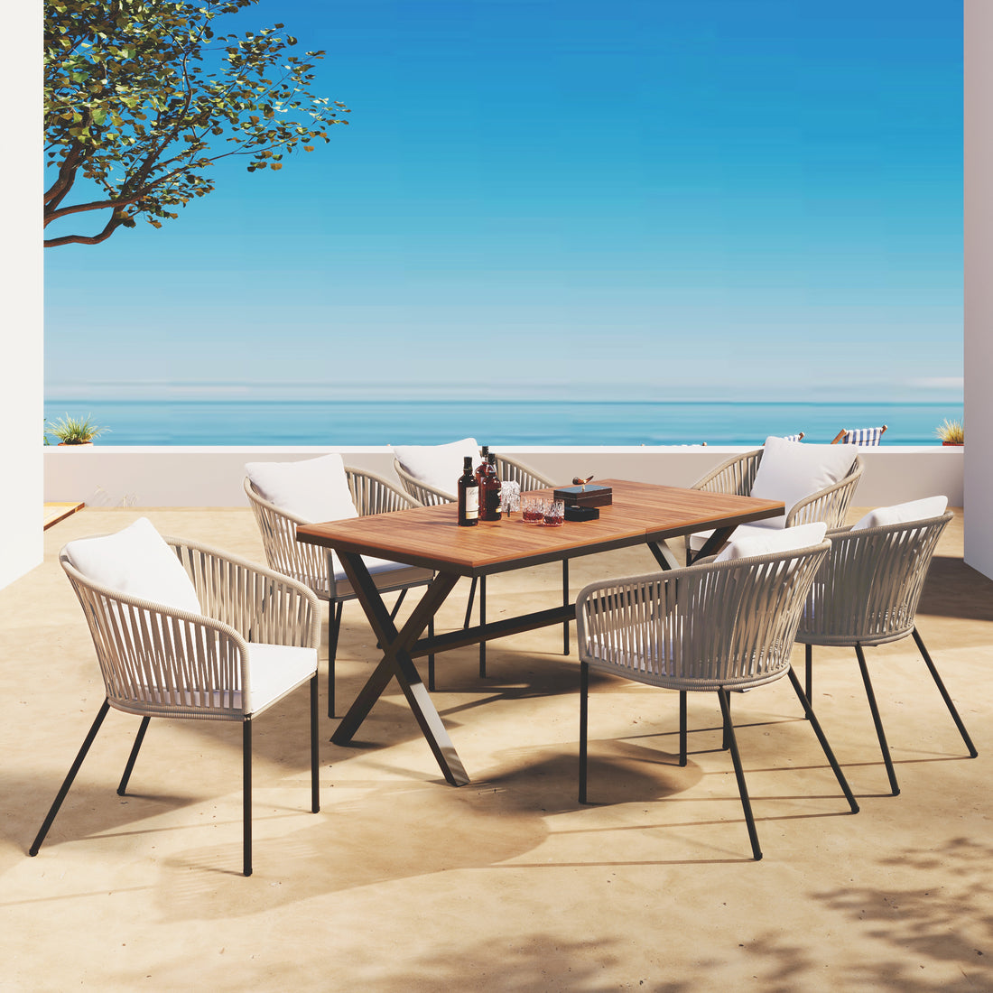 7 Pieces Patio Dining Set, All Weather Outdoor Furniture Set With Dining Table And Chairs, Acacia Wood Tabletop, Metal Frame, For For Garden, Backyard, Balcony, Beige Yes Beige Seats 6 Garden &