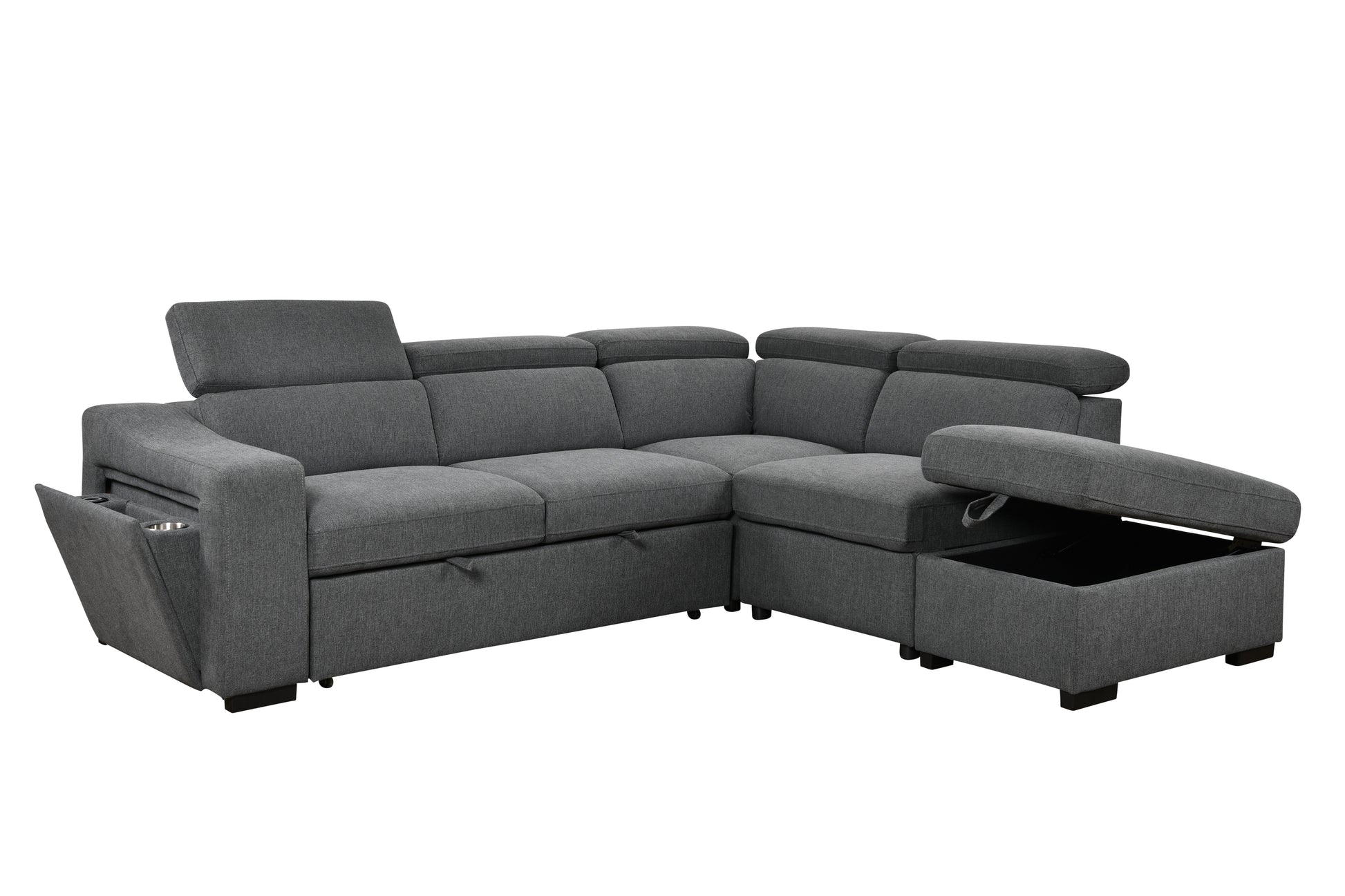 105"L Shape Sectional Sofa With Pull Out Bed And Ottoman Storage Space, Convertible Sleeper Couch, Arm With 1 Cup Holders And Wirelessly Charged, For Living Room, Apartment, Dark Gray Light Brown