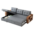 Upholstered Pull Out Sectional Sofa With Storage Chaise, Convertible Corner Couch, Light Grey Wooden Handrail Light Grey Wood Medium Soft Pillow Back Modern Square Arms Linen 3 Seat
