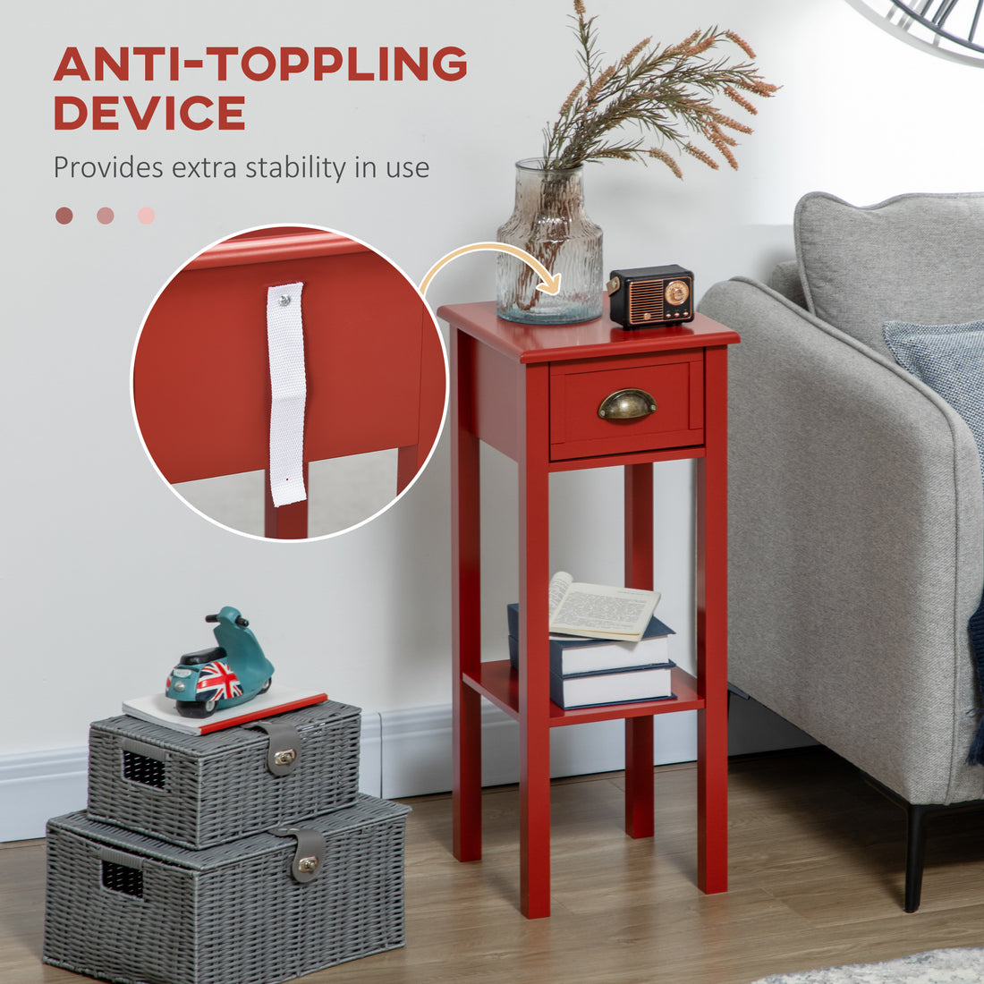Homcom 2 Tier Side Table With Drawer, Narrow End Table With Bottom Shelf, For Living Room Or Bedroom, Red Red Mdf