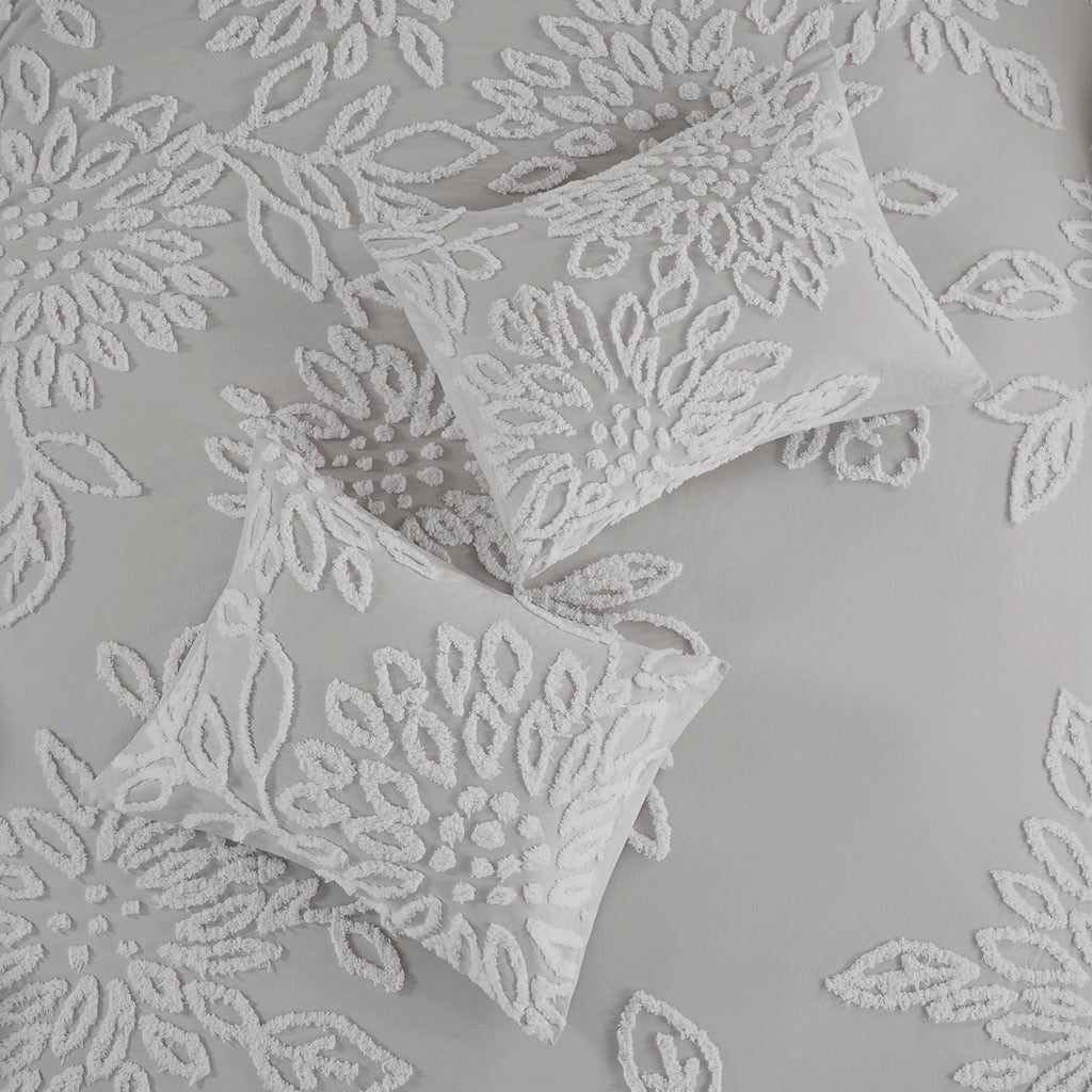 3 Piece Tufted Cotton Chenille Floral Duvet Cover Set King Grey Cotton