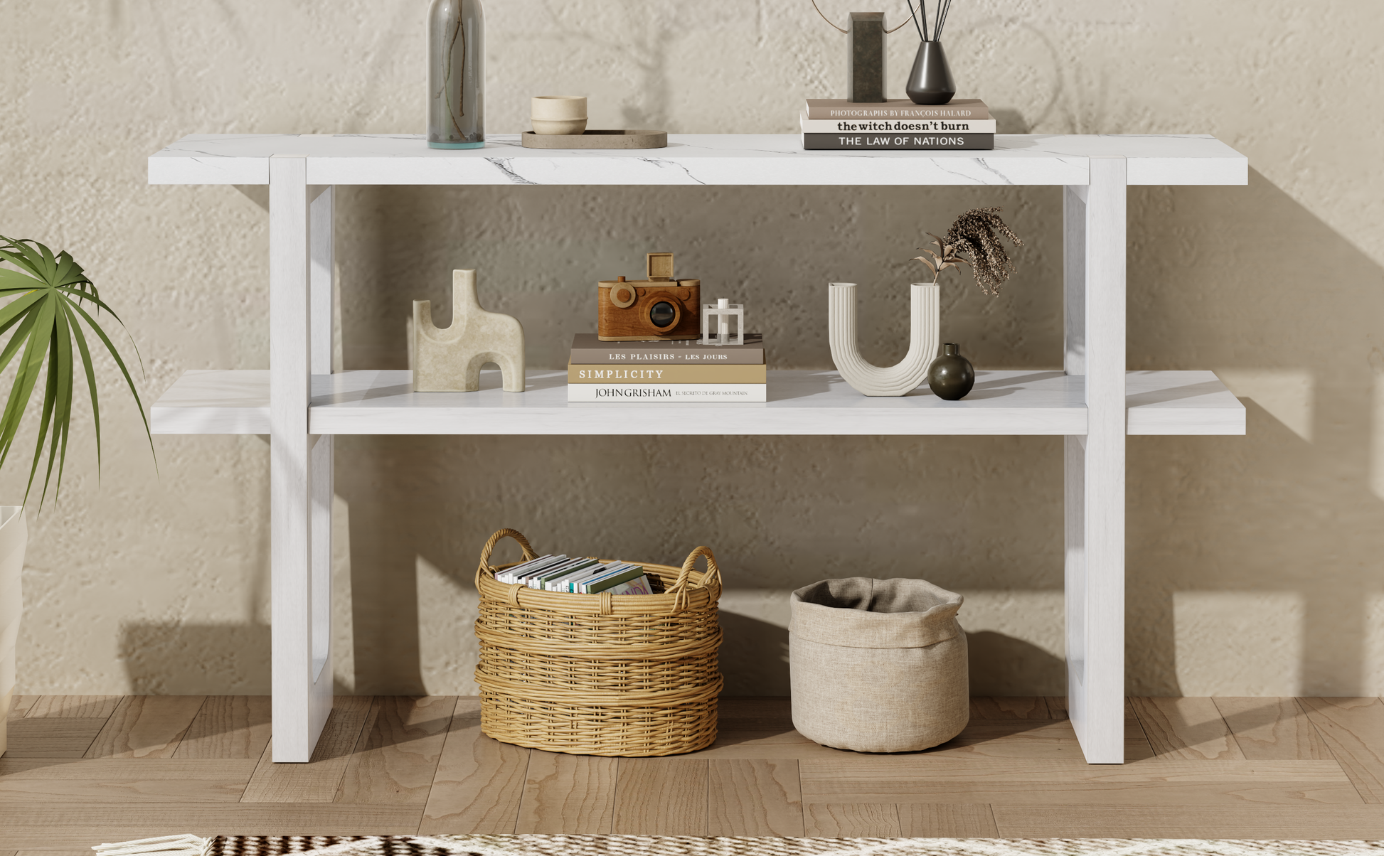 Retro Elegant Console Table With Marble Effect Top And Versatile Storage Solutions For Entryway And Living Room Antique White Antique White Solid Wood Mdf