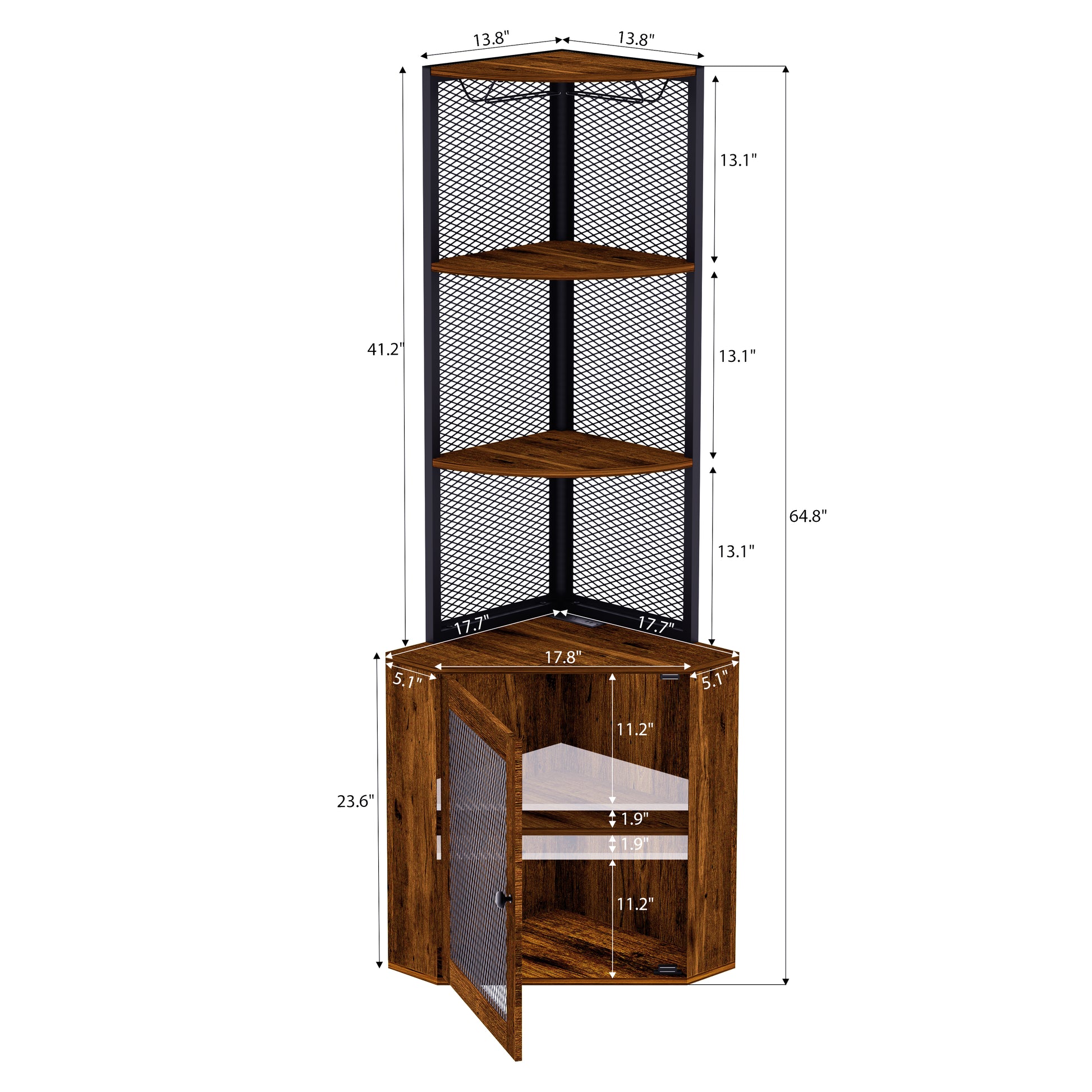 Corner Shelf With Doors, 65" Corner Cabinet With Shelves & Wine Glass Rack, 6 Tier Bookshelf Display Corner Shelves, Freestanding Corner Storage Stand For Kitchen, Living Room, Balcony Rustic Brown