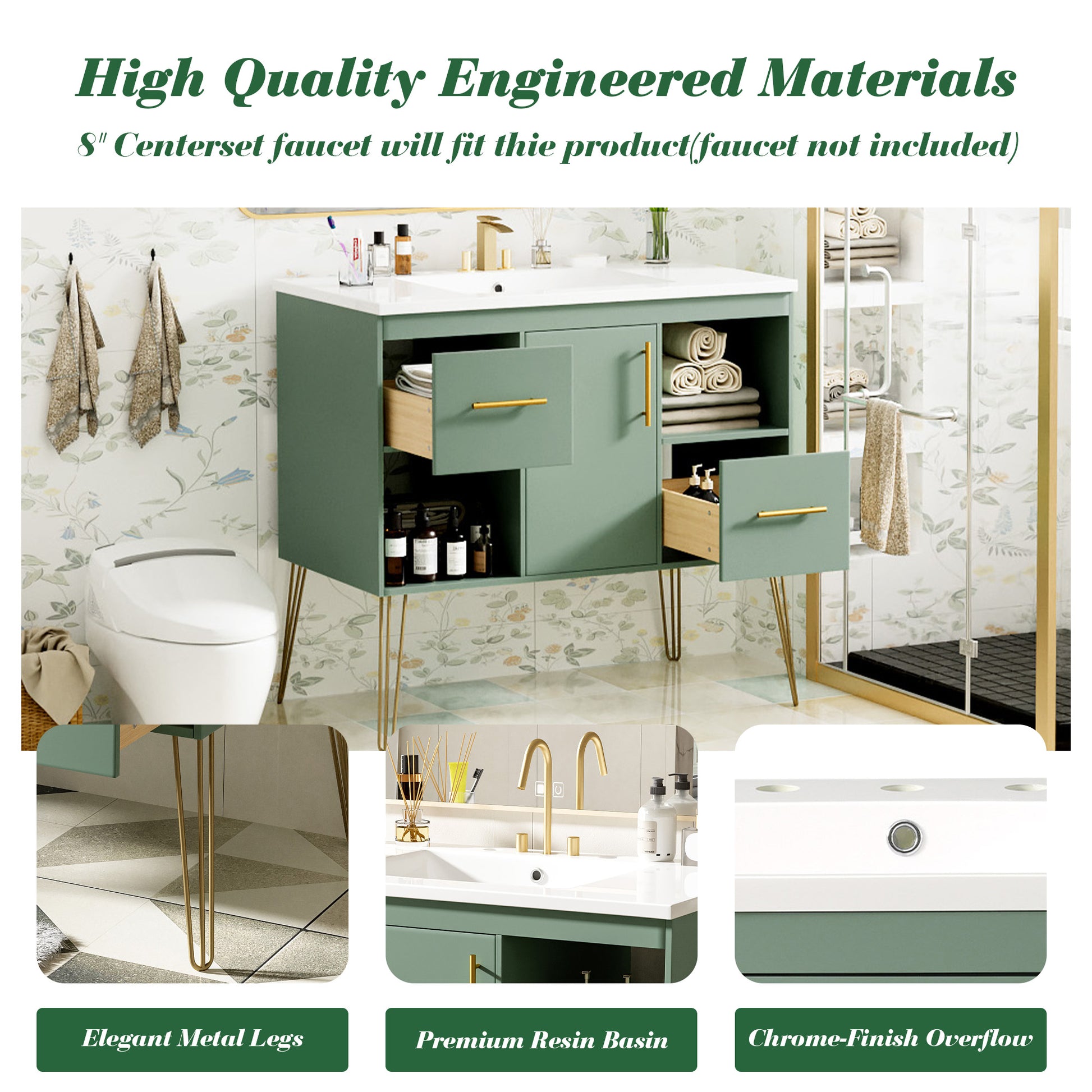 36'' Bathroom Vanity With Resin Sink Combo Set, Modern Freestanding Single Bathroom Cabinet With 2 Drawers & 2 Storage Compartments, Storage Cabinet For Bathroom, Solid Wood Frame Vanity Set, Green Green Bathroom Modern Mdf