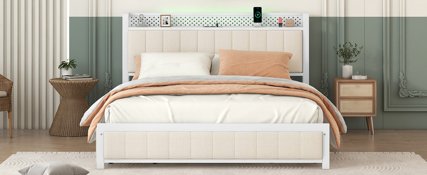 Queen Bed Frame With Led Headboard, Upholstered Bed With 4 Storage Drawers And Usb Ports, Beige Queen Beige Linen
