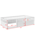 Twin Floor Bed Frame With Fence, Wood Kids Floor Beds Frame For Bedroom Playroom,White Twin White Pine