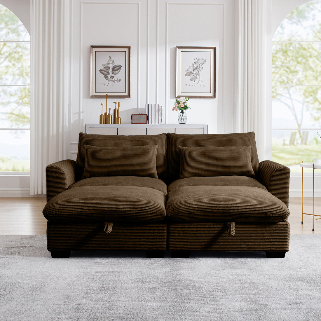 Corduroy Two Seater Sofa With 2 Storage Footrest, 2 Seater Sectional Deep Seat Sofa,Comfy Couches For Living Room ,Brown Sofa Brown Corduroy 2 Seat