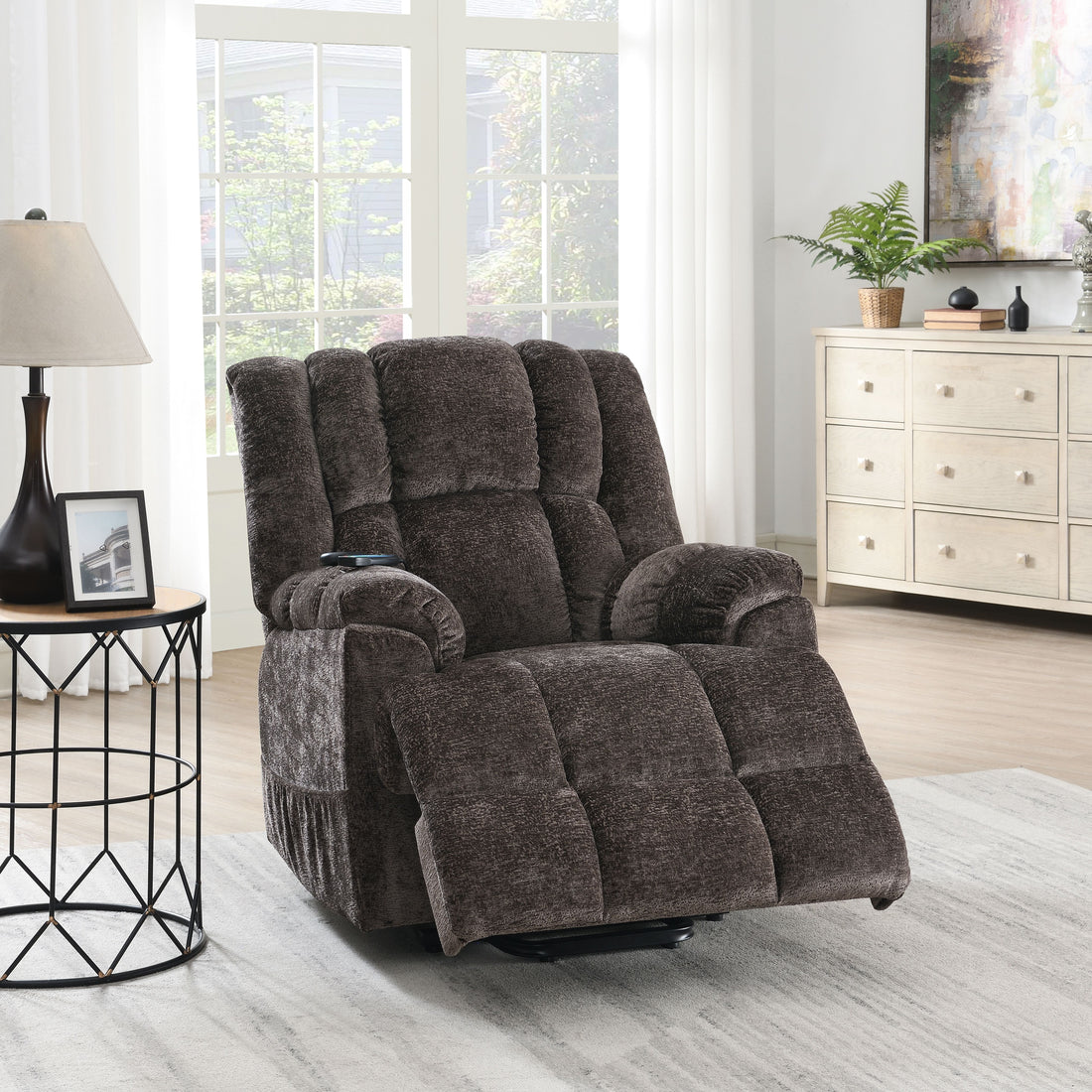 Pacay Brown Chenille Power Motion Recliner With Lift, Heating & Massage Function Brown Chenille