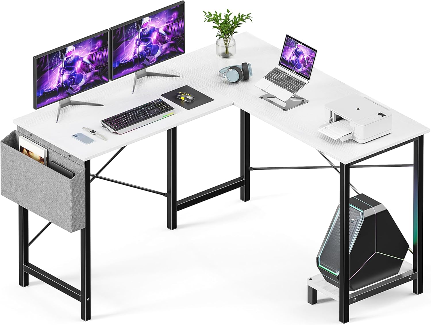 L Shaped Desk Gaming Computer 50 Inch Reversible Corner Table Pc For Writing Study Student With Wood Tabletop Metal Frame Cpu Stand Side Bag For Home Office Small Place, White White Wood
