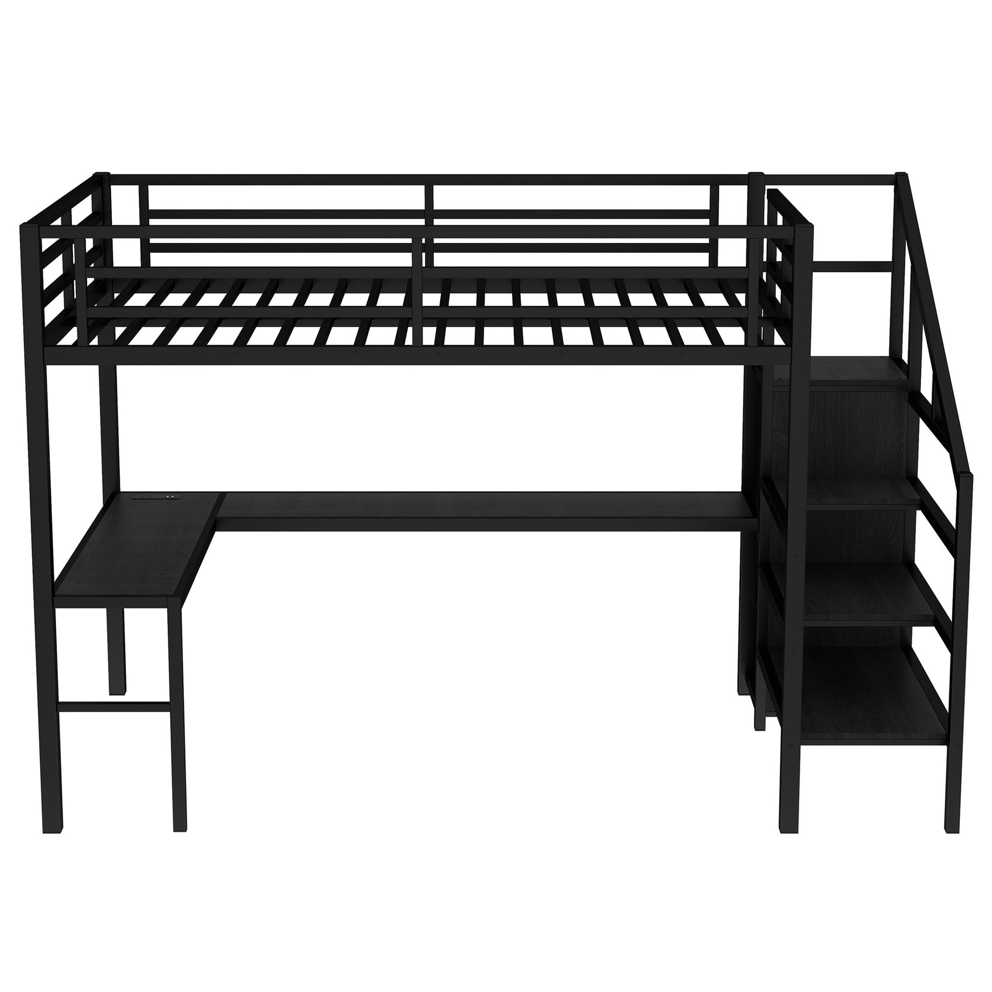 Full Size Loft Bed With L Shaped Desk And Usb, Metal Loft Bed With Wardrobe And Adjustable Shelf, High Loft Bed With Led For Kids Teens Adults, Black Full Black Metal