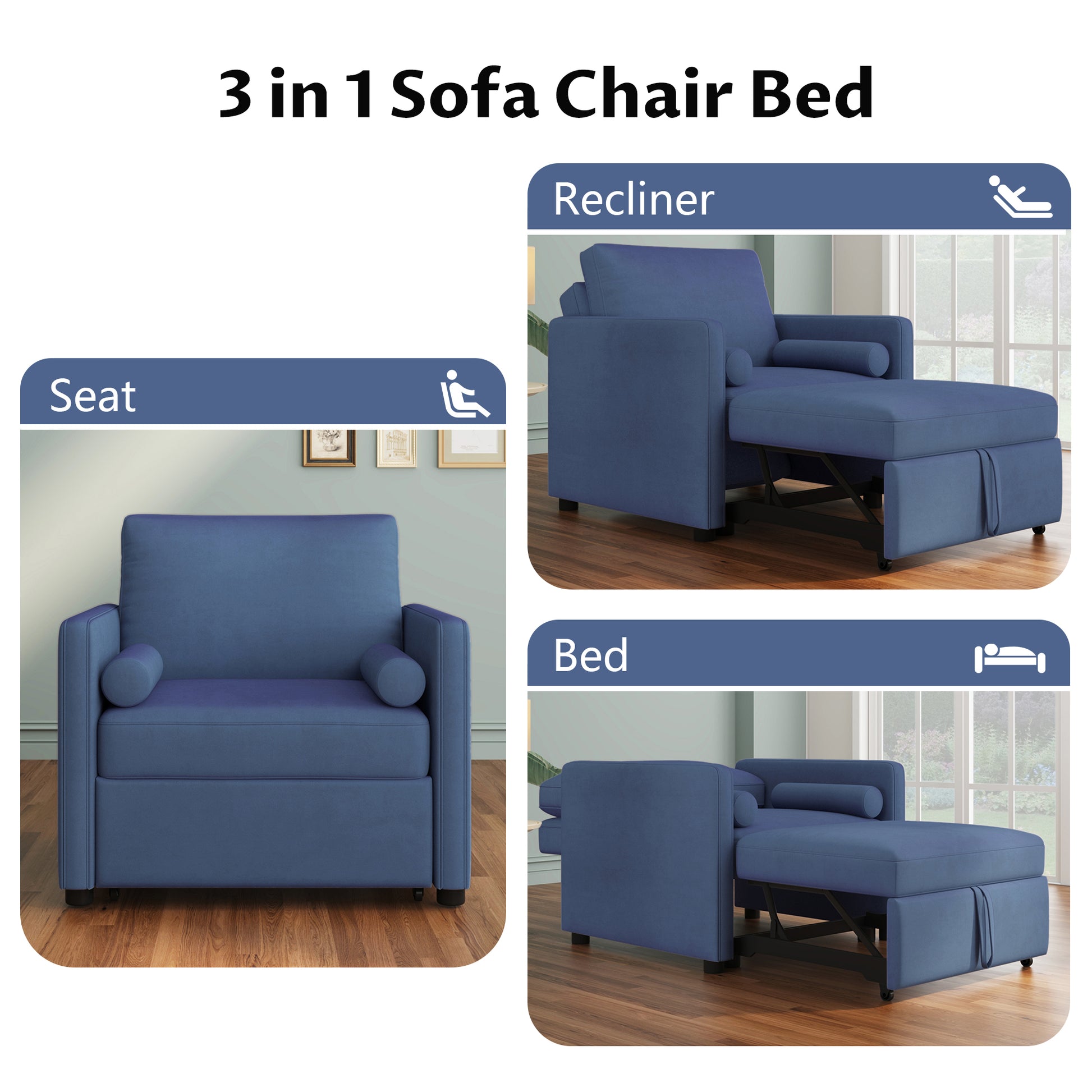 3 In 1 Convertible Sleeper Chair With Adjustable Backrest, Lounger Chair Turns Into Bed, Single Bed For Living Room, Velvet, Ink Blue Blue Velvet