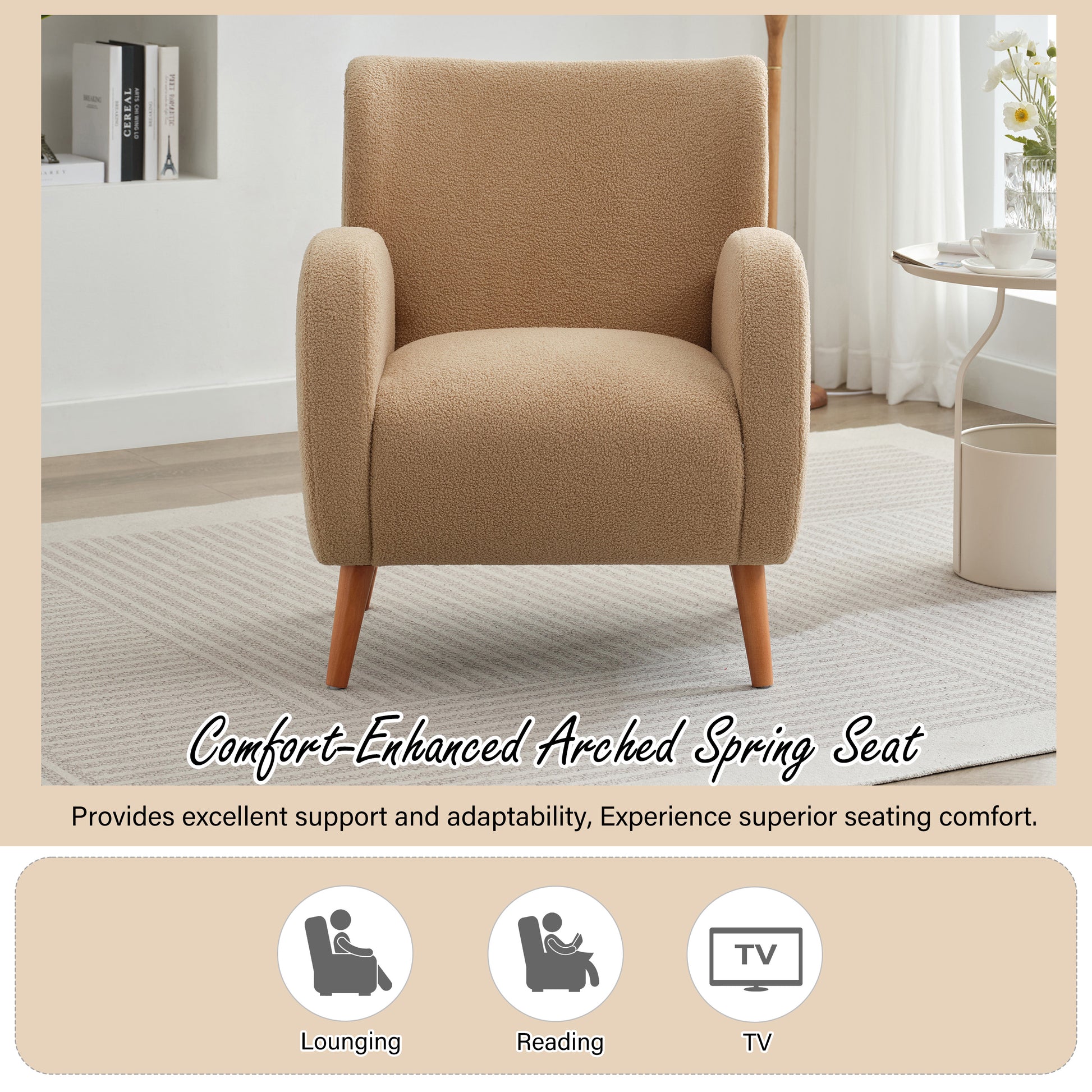 Modern Wingback Lounge Chair Stylish Design, Soft Fabric, Solid Wood Legs, Durable Frame,Brown Camel Boucle