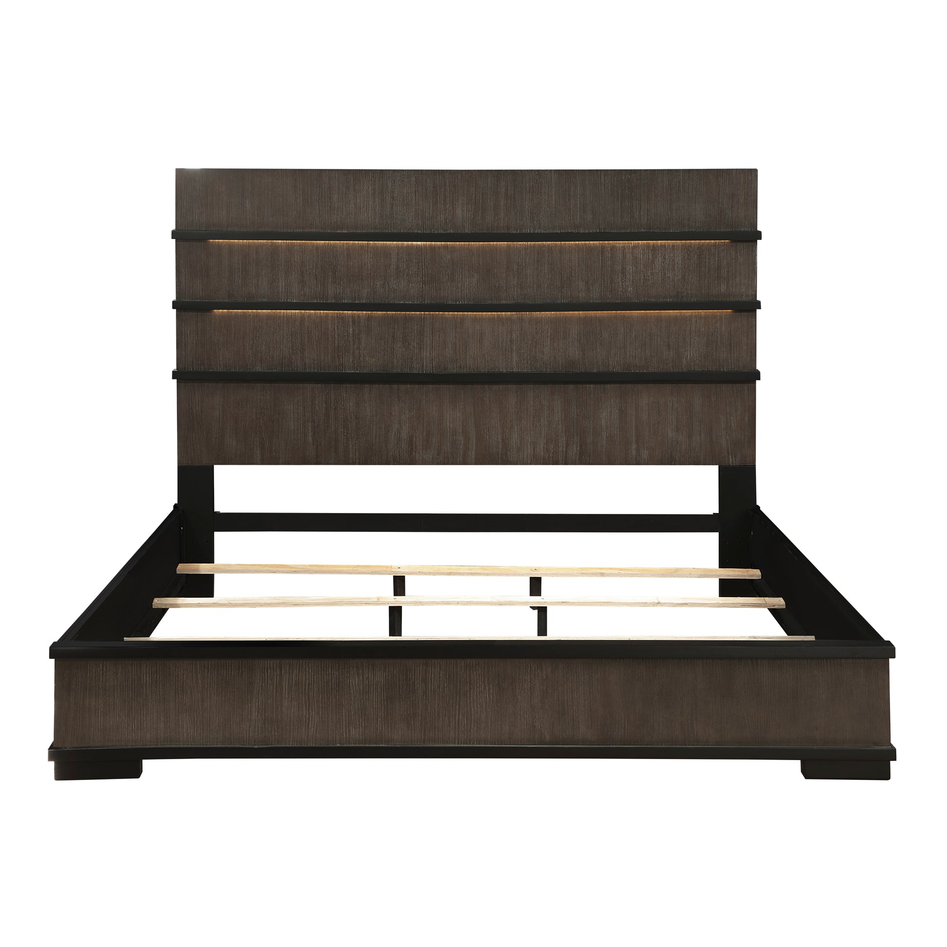 Two Tone Brown Black Finish Led Headboard King Bed 1Pc Modern Industrial Design Bedroom Furniture Box Spring Required King Black,Brown Gray Wood Bedroom Bed Frame Wood