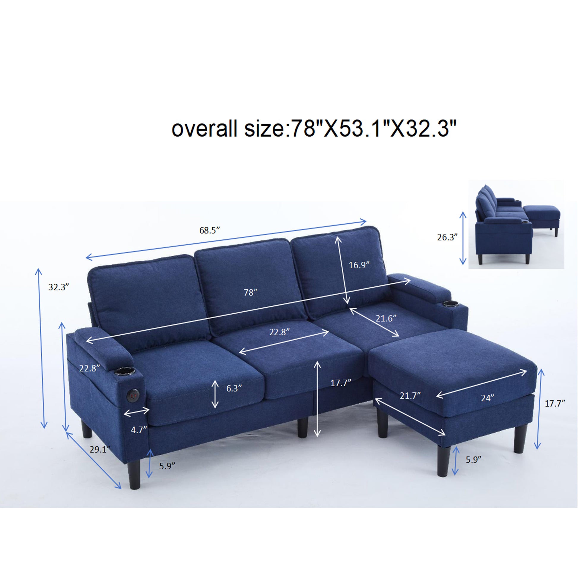 Blue Color Knock Down 3 Seat Combo Sofa With Storage Ottoman For Living Room Apartment Bedroom And Compact Room,Room, Upholstered Sectional Couch, L Shaped Bench With A Footrest, A Individual Stool White Wood Primary Living Space Heavy Duty Pine 3 Seat