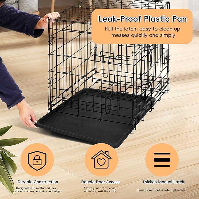 Folding Metal Wire Dog Crate, 24 Inch Durable, Foldable, Collapsible Double Door Dog Crate With Removable Leak Proof Pan, Portable Dogs Crate With Divider, Black Black Iron
