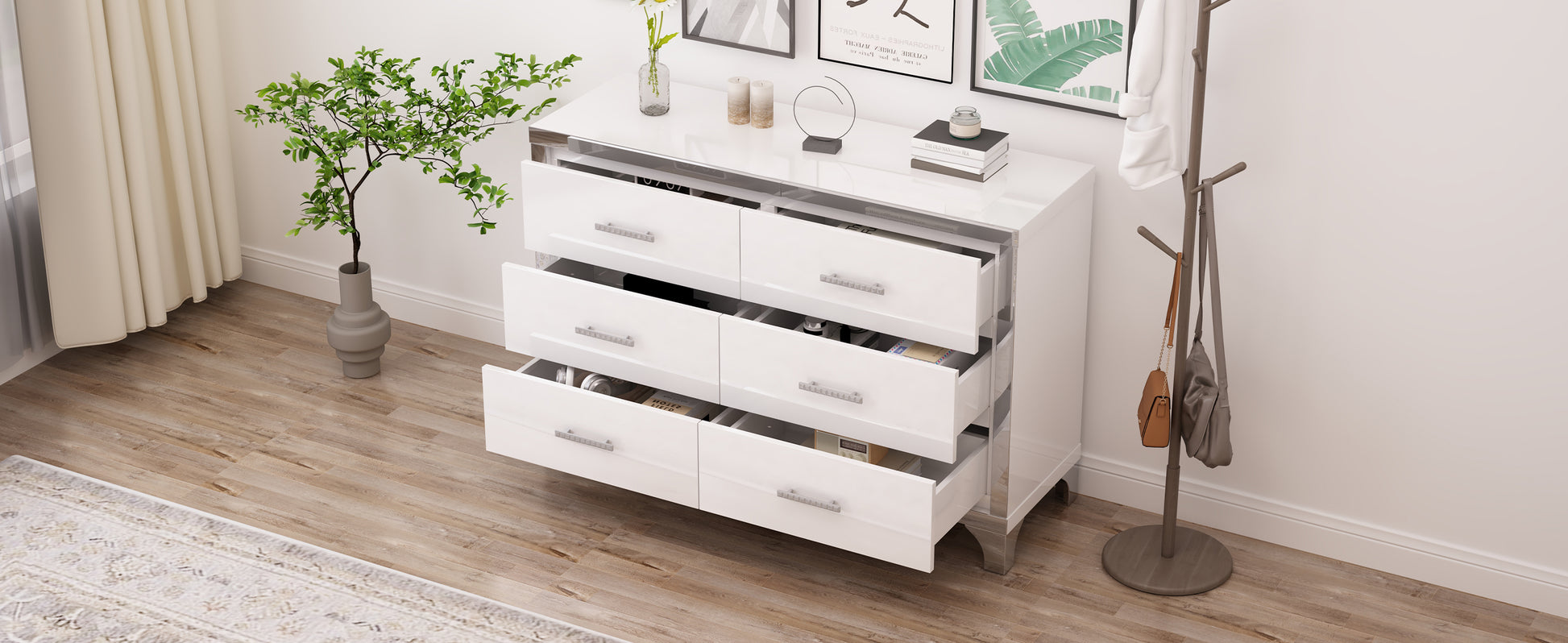 Elegant High Gloss Dresser With Metal Handle,Mirrored Storage Cabinet With 6 Drawers For Bedroom,Living Room,White White Mdf