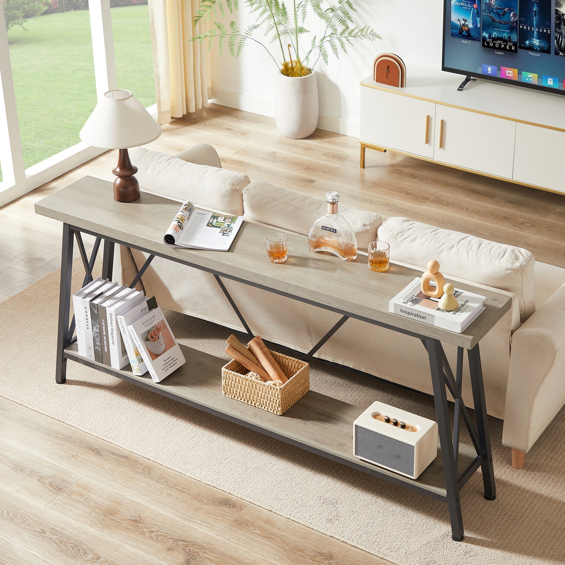 70.9 Inch Extra Long Sofa Table, Console Behind Sofa, Entryway Table With 2 Tier Storage Shelves For Hallways, Living Rooms,Foyers,Entryways,Banquet Rooms,Rustic Gray And Black, 70.9 L X 11.8"W X