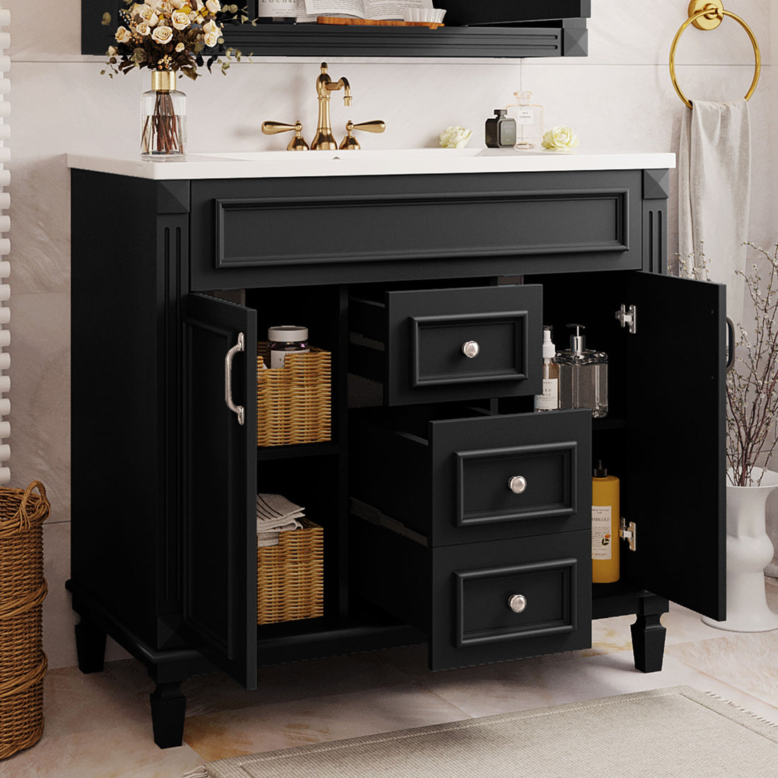 36'' Bathroom Vanity With Top Sink, Modern Bathroom Storage Cabinet With 2 Soft Closing Doors And 2 Drawers, Single Sink Bathroom Vanity Black Bathroom Modern Mdf Ceramic,Solid Wood Mdf