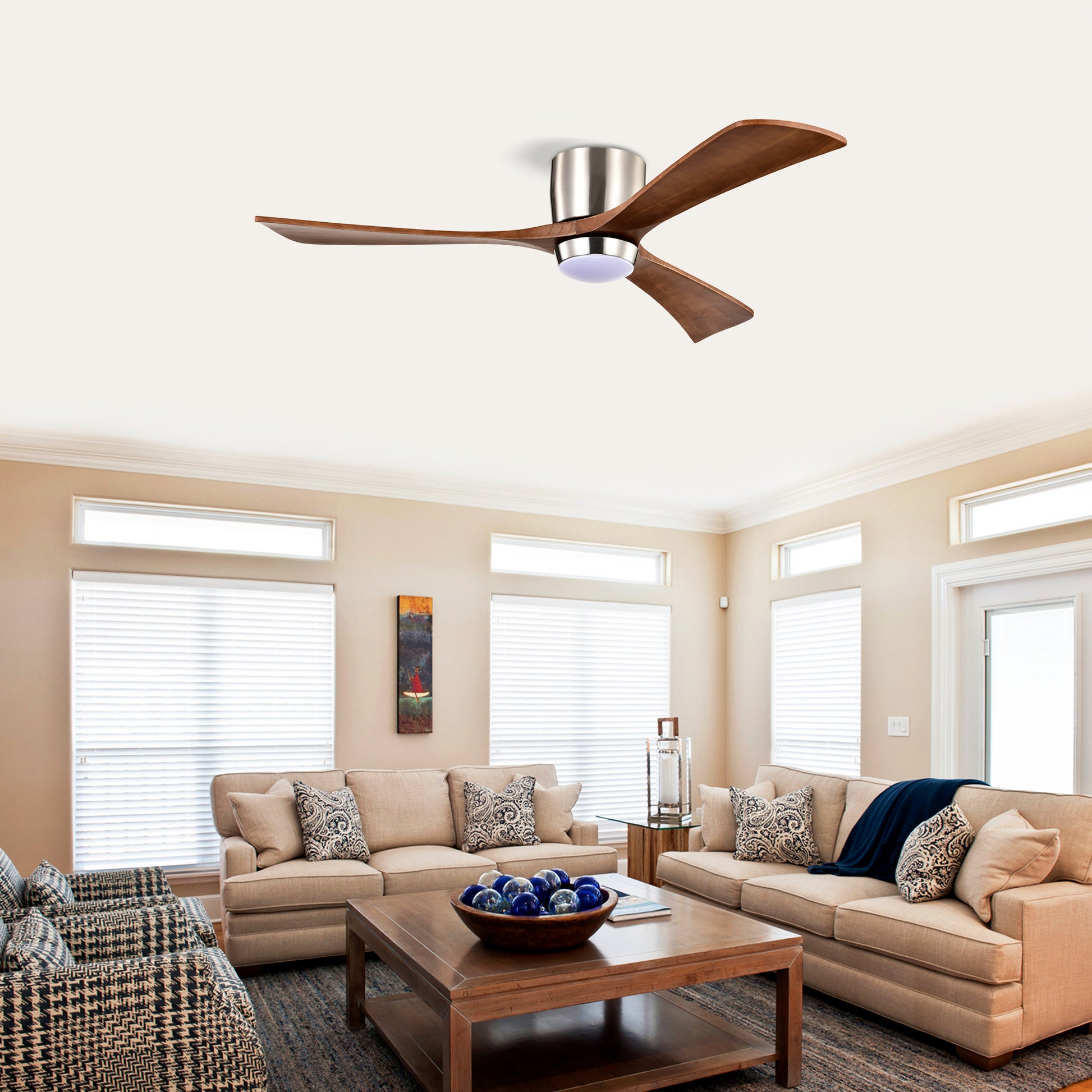 52" Ceiling Fan With Lights Remote Control,Quiet Dc Motor 3 Wood Blade Ceiling Fans 6 Speed Levels,Reversible Ceiling Fan, For Patio Living Room, Bedroom, Office,Indoor. Stain Nickel Walnut Nickel