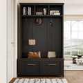 Versatile 4 In 1 Hall Tree With 6 Golden Hooks, Brown Wood Grain Bench With Multiple Storage Space, Entryway Coat Rack With 2 Drawers For Living Room, Hallway, Black, 47.2''W*76.6''H Black Primary