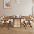 86.61 Inch Oversize Rectangular Waves Dining Table,Wooden Dining Table For 6 Persons,Mid Century Modern Large Kitchen Table For Living Room,Bohemian Dining Table With Rattan Weave For Restaurant Oak