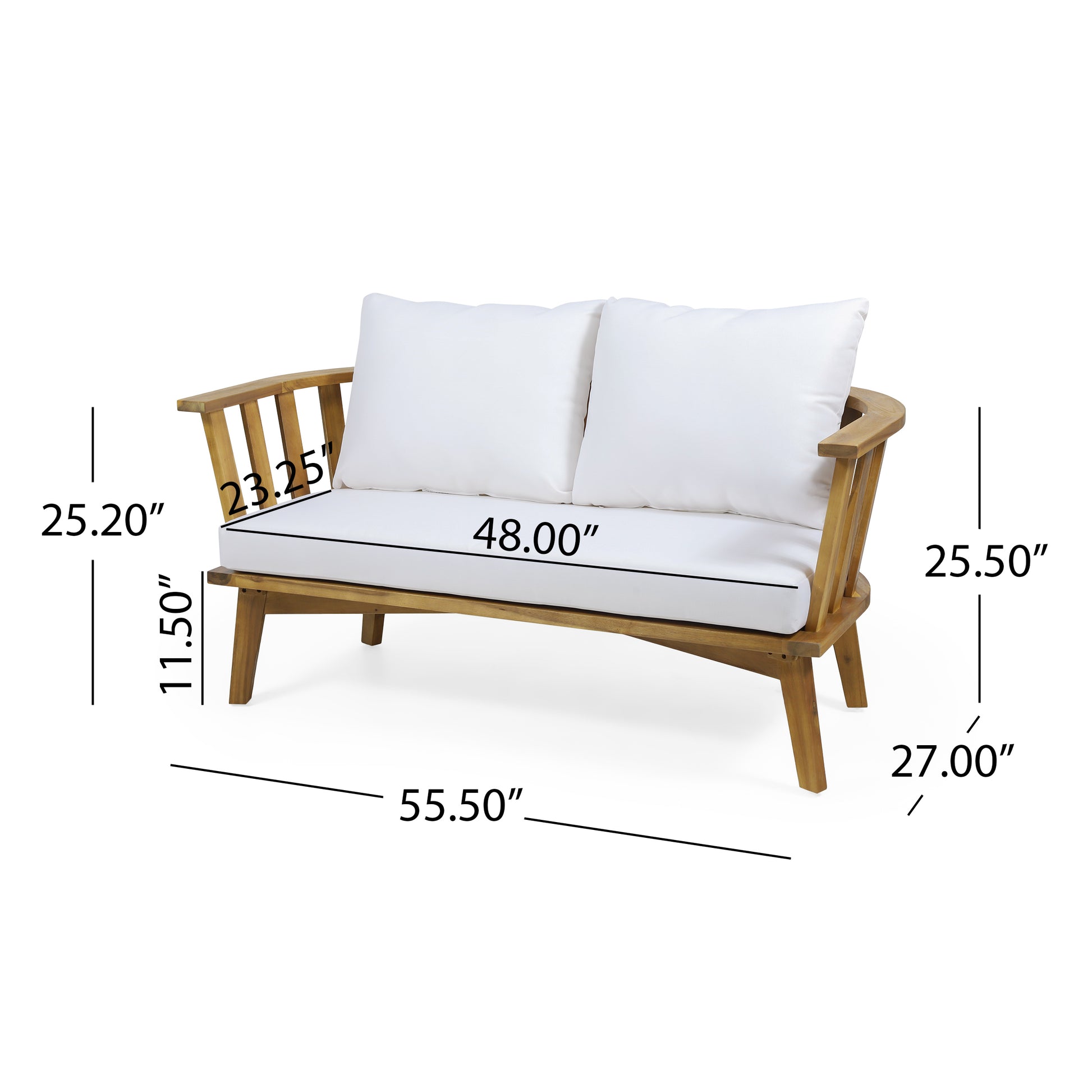 Outdoor Wooden Loveseat With Cushions White Teak 55.50" W X 27.00" D X 25.50" H Yes Teak Foam Acacia Wood