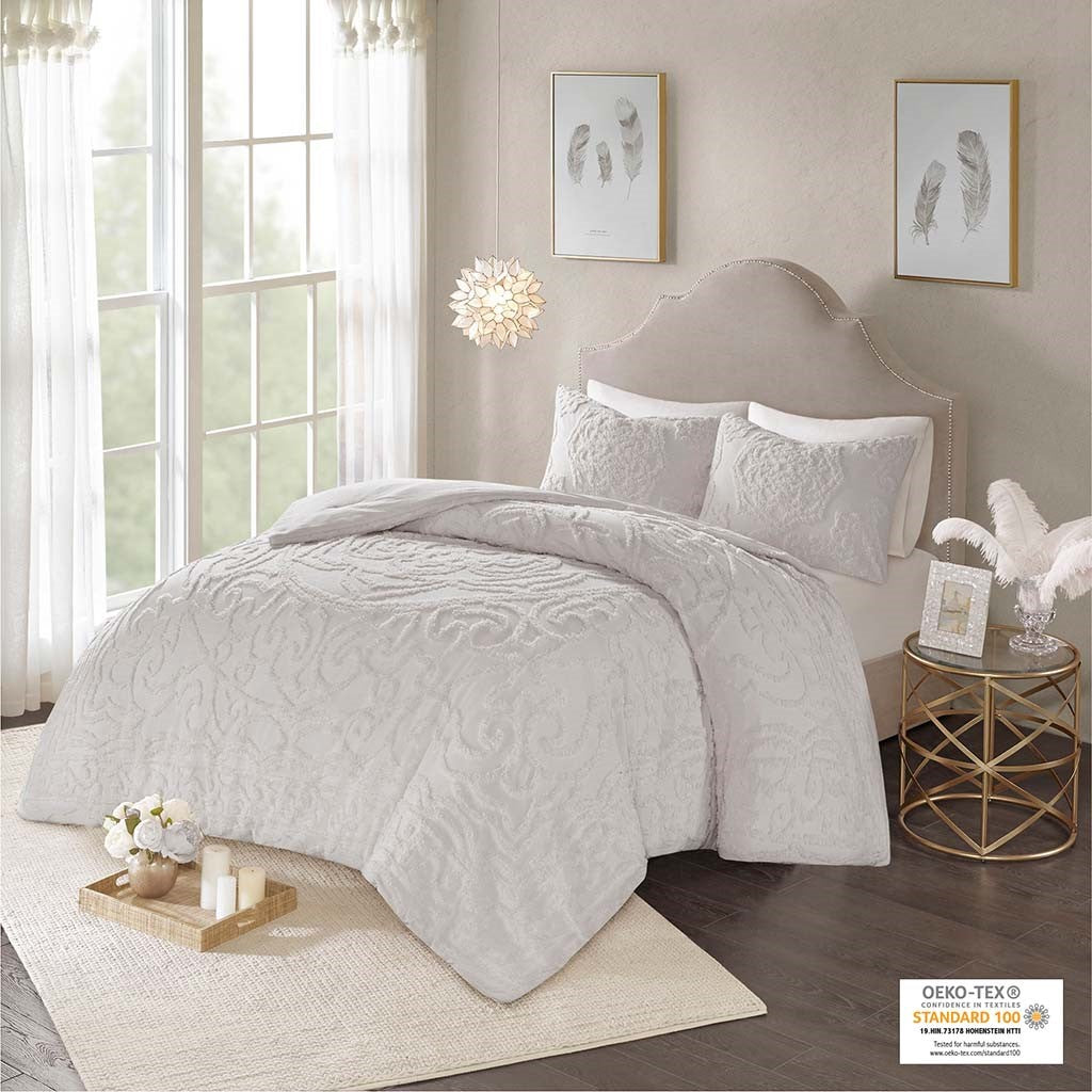 3 Piece Tufted Cotton Chenille Medallion Comforter Set Grey Full Queen Full Grey Cotton