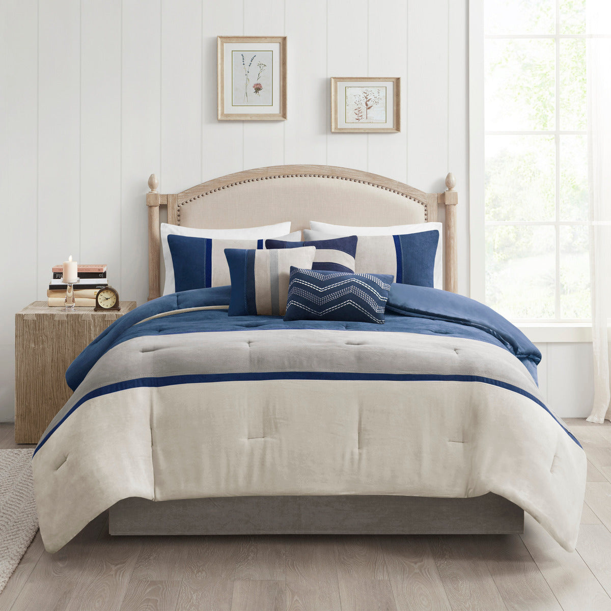 7 Piece Faux Suede Comforter Set Blue Cal King California King Blue Polyester