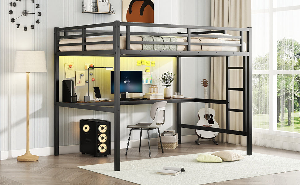 Metal Full Size Loft Bed With Power Outlet And Led Lighted, Space Saving, Noise Reduced, Black Full Black Metal