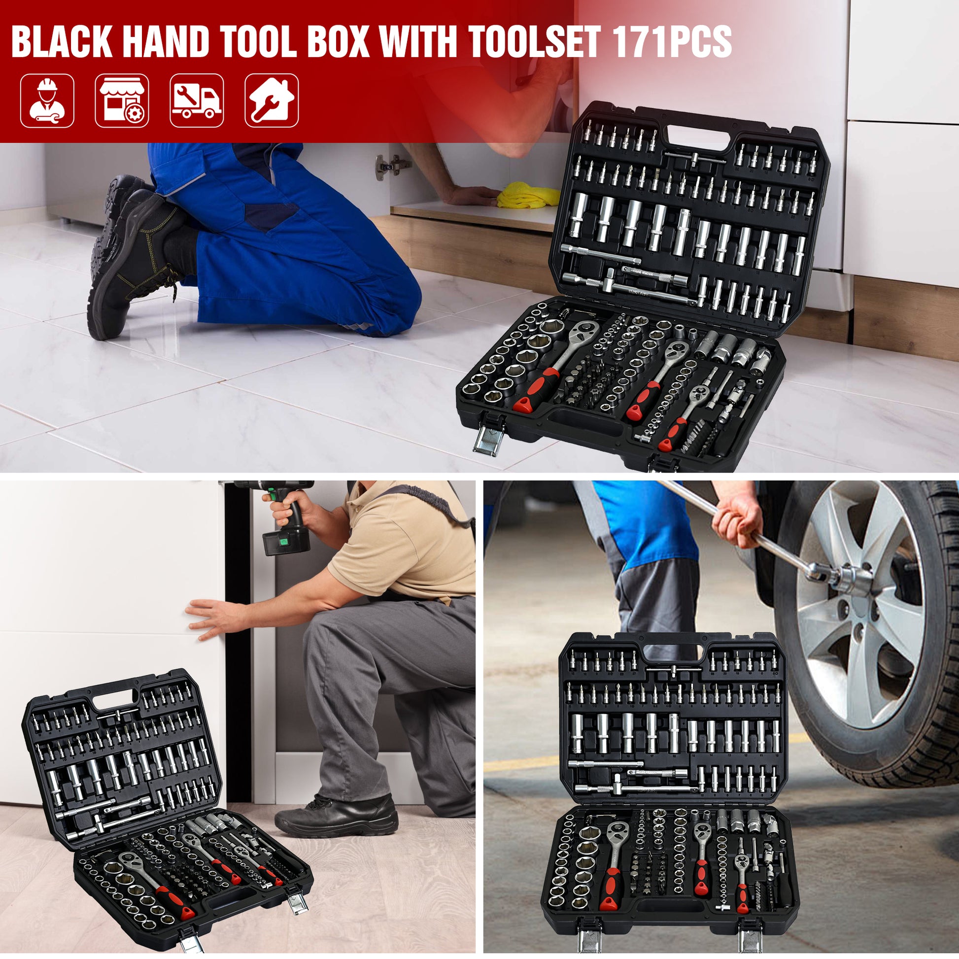 Tool Set Socket And Ratchet Wrench Toolbox, 171Pcs Tool Box, Universal Home Car Repair Tool Set For Men And, Perfect For Homeowners, Diy Enthusiasts, And Mechanics Black Carbon Steel