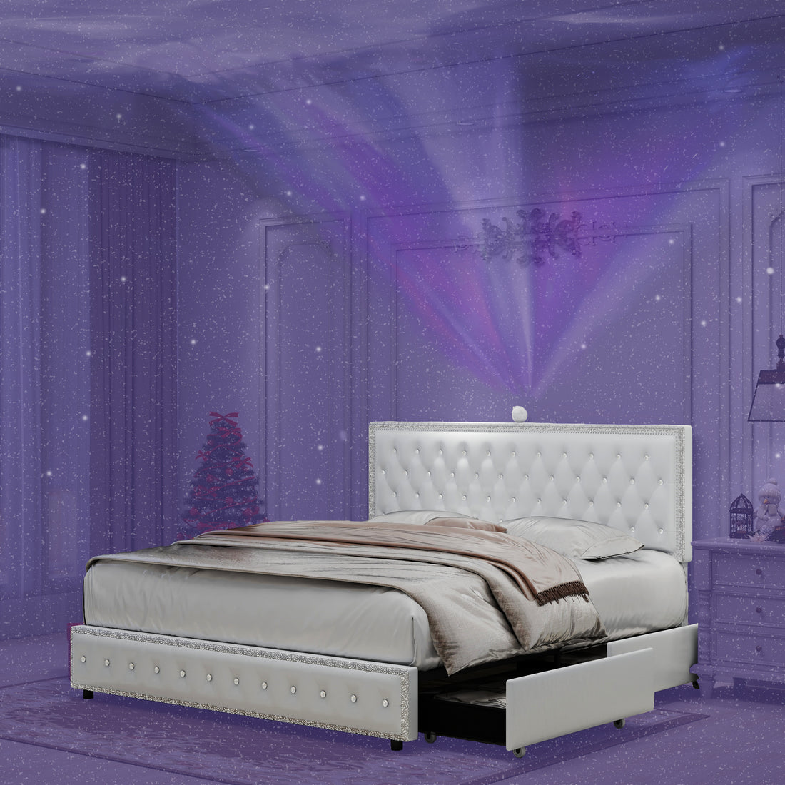 Queen Size Bed Frame With 4 Drawers, Star Galaxy Projector, Usb Charger, Music Speaker, Adjustable Upholstered Headboard With Diamond Button,Pu Leather White Pu Mdf Metal