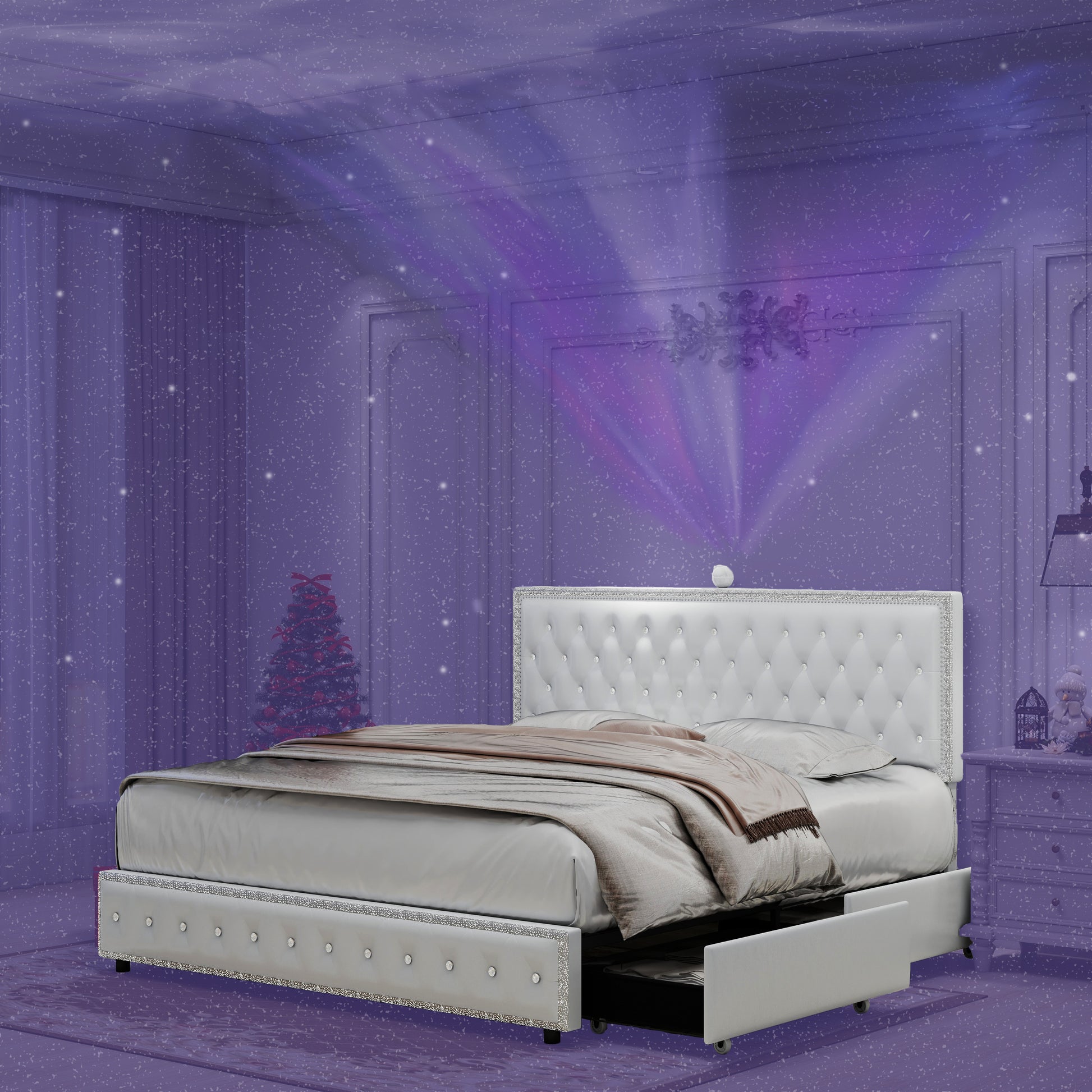 Queen Size Bed Frame With 4 Drawers, Star Galaxy Projector, Usb Charger, Music Speaker, Adjustable Upholstered Headboard With Diamond Button,Pu Leather White Pu Mdf Metal