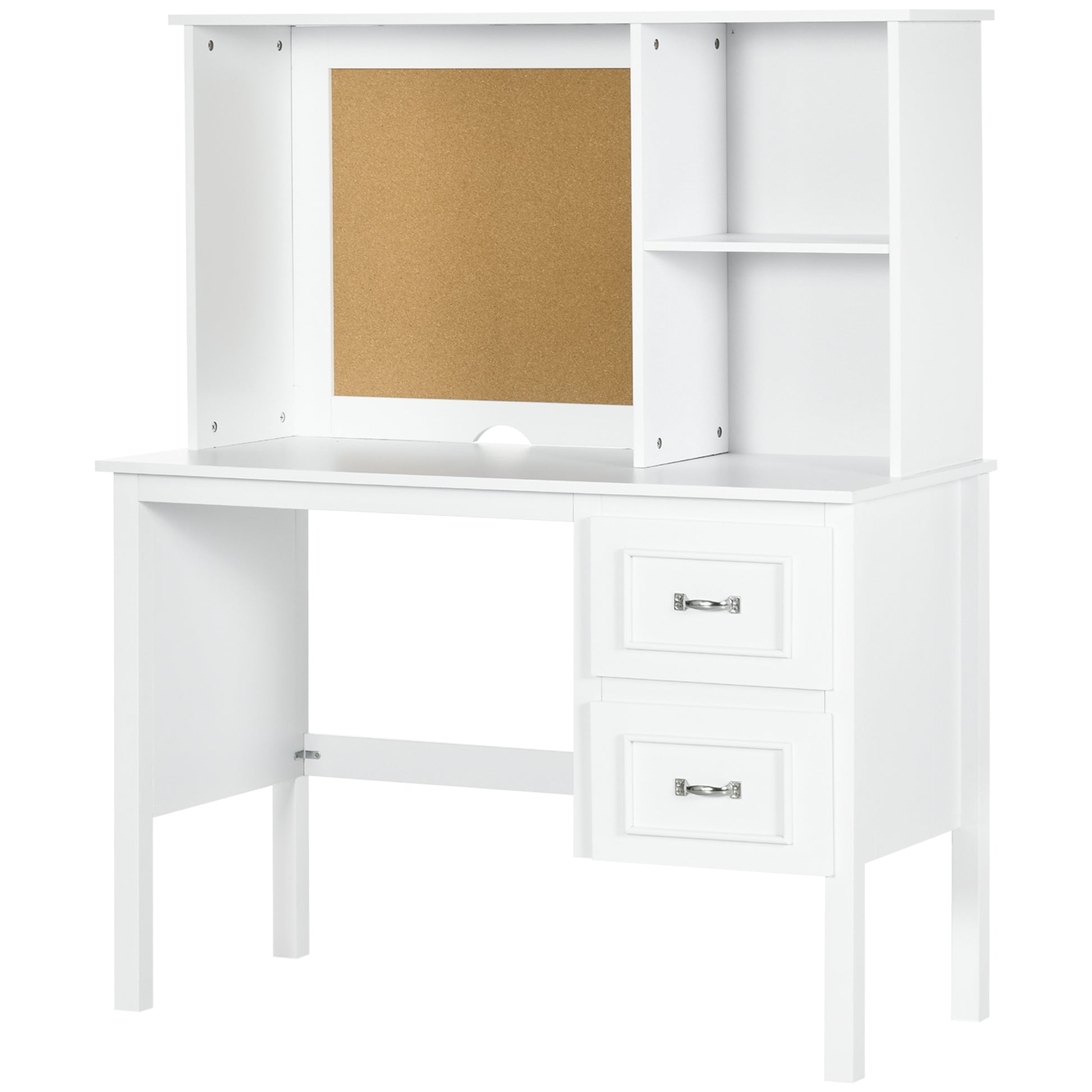 Homcom Computer Desk With Drawers & Shelves, Home Office Desk With Storage & Corkboard, Workstation Table With Cable Hole, White White Mdf