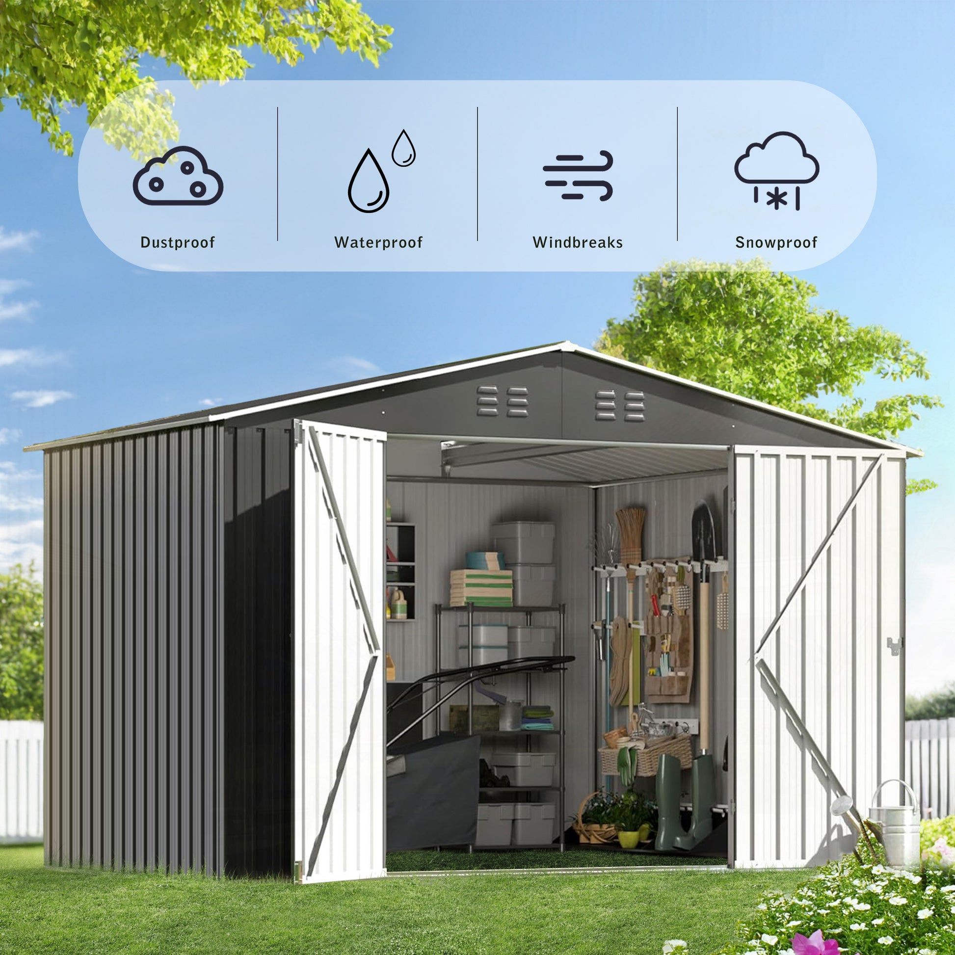 Outdoor Sheds 10Ft X 10Ft & Outdoor Storage Clearance, Metal Anti Corrosion Utility Tool House With Lockable Door & Shutter Vents, Waterproof Storage Garden Shed For Backyard Lawn Patio Black Garden & Outdoor Iron