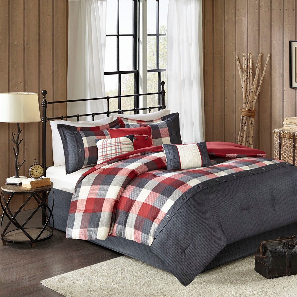 7 Piece Herringbone Comforter Set Red Cal King California King Red Polyester