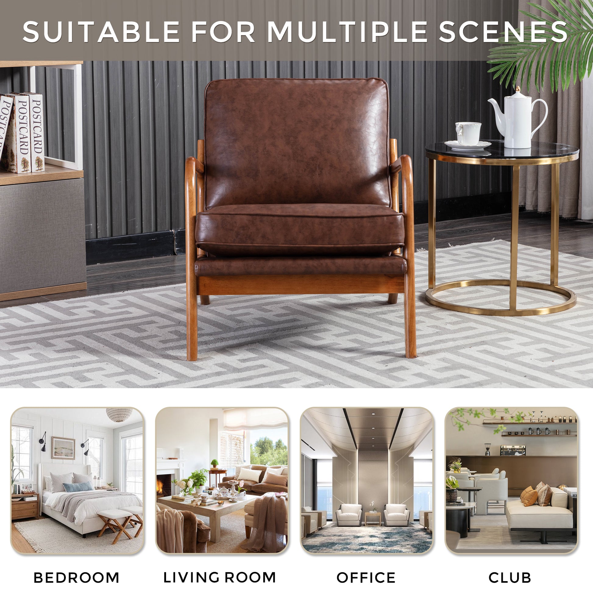 Coolmore Mid Century Modern Accent Chair, Comfy Fabric Living Room Chairs With Solid Wood Frame, Lounge Reading Armchair, Easy Assembly Brown Pu Brown Primary Living Space Foam Pu