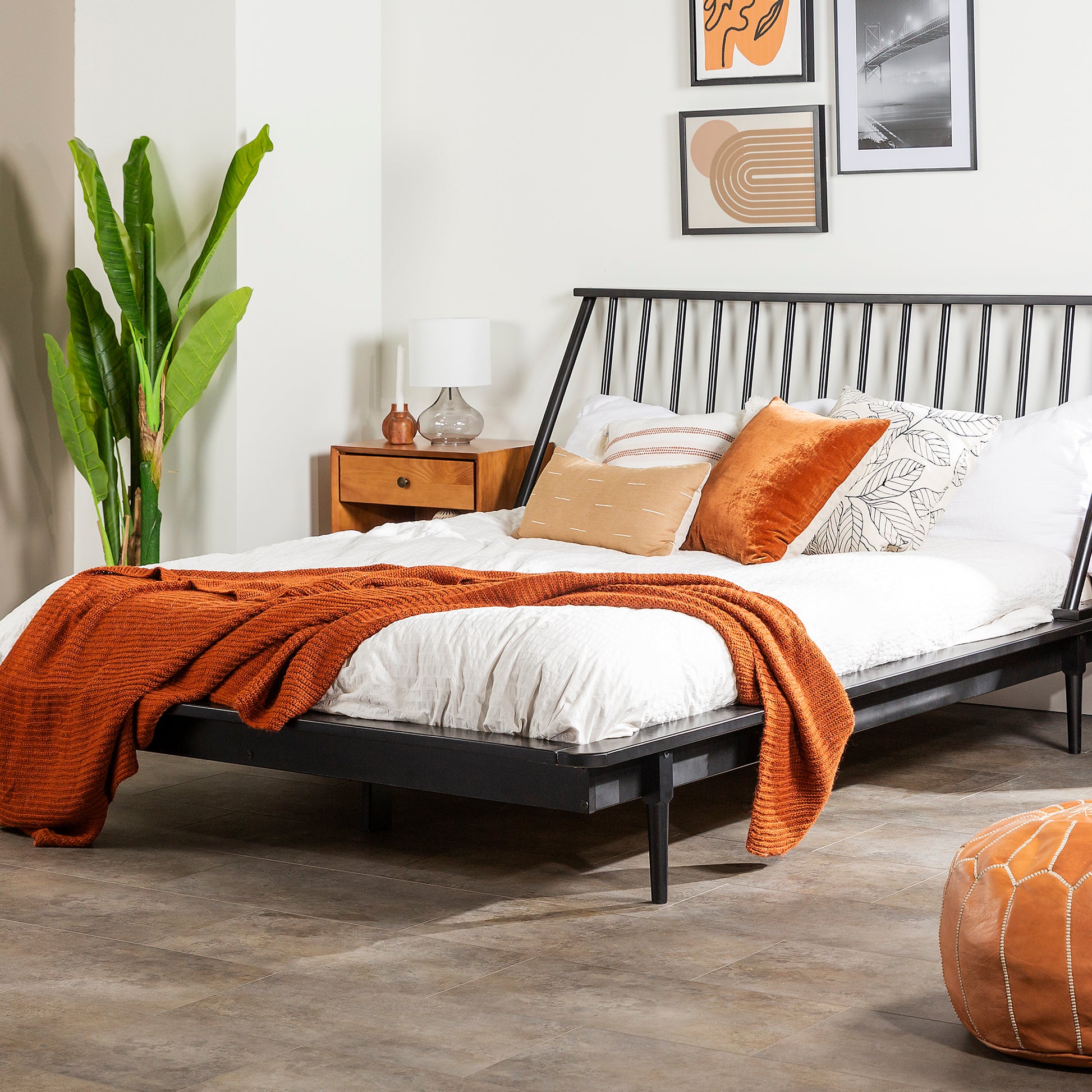 Mid Century Modern Solid Wood Queen Platform Bed Frame With Spindle Headboard Black Black Pine