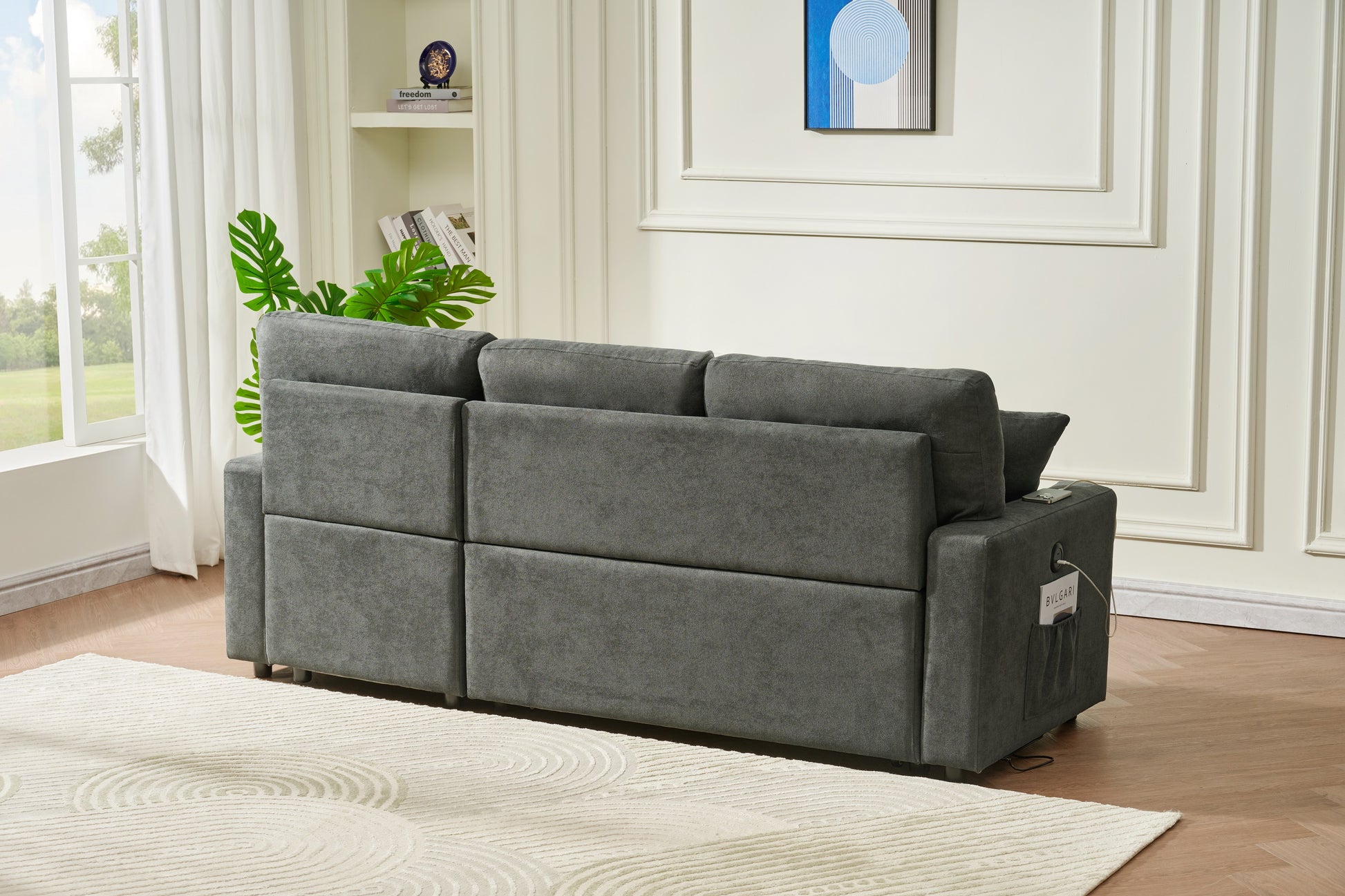 Sectional Sofa Bed L Shaped Sofa Couch Bed With Usb Port, Reversible Sofa Couch Sleeper With Pull Out Bed, Chaise With Storage, Pull Out Couch For Living Room Dark Gray Wood Fabric 3 Seat
