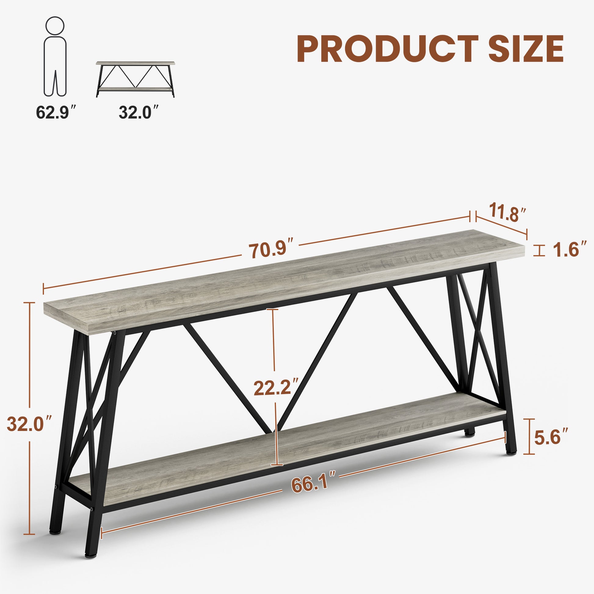 70.9 Inch Extra Long Sofa Table, Console Behind Sofa, Entryway Table With 2 Tier Storage Shelves For Hallways, Living Rooms,Foyers,Entryways,Banquet Rooms,Rustic Gray And Black, 70.9 L X 11.8"W X