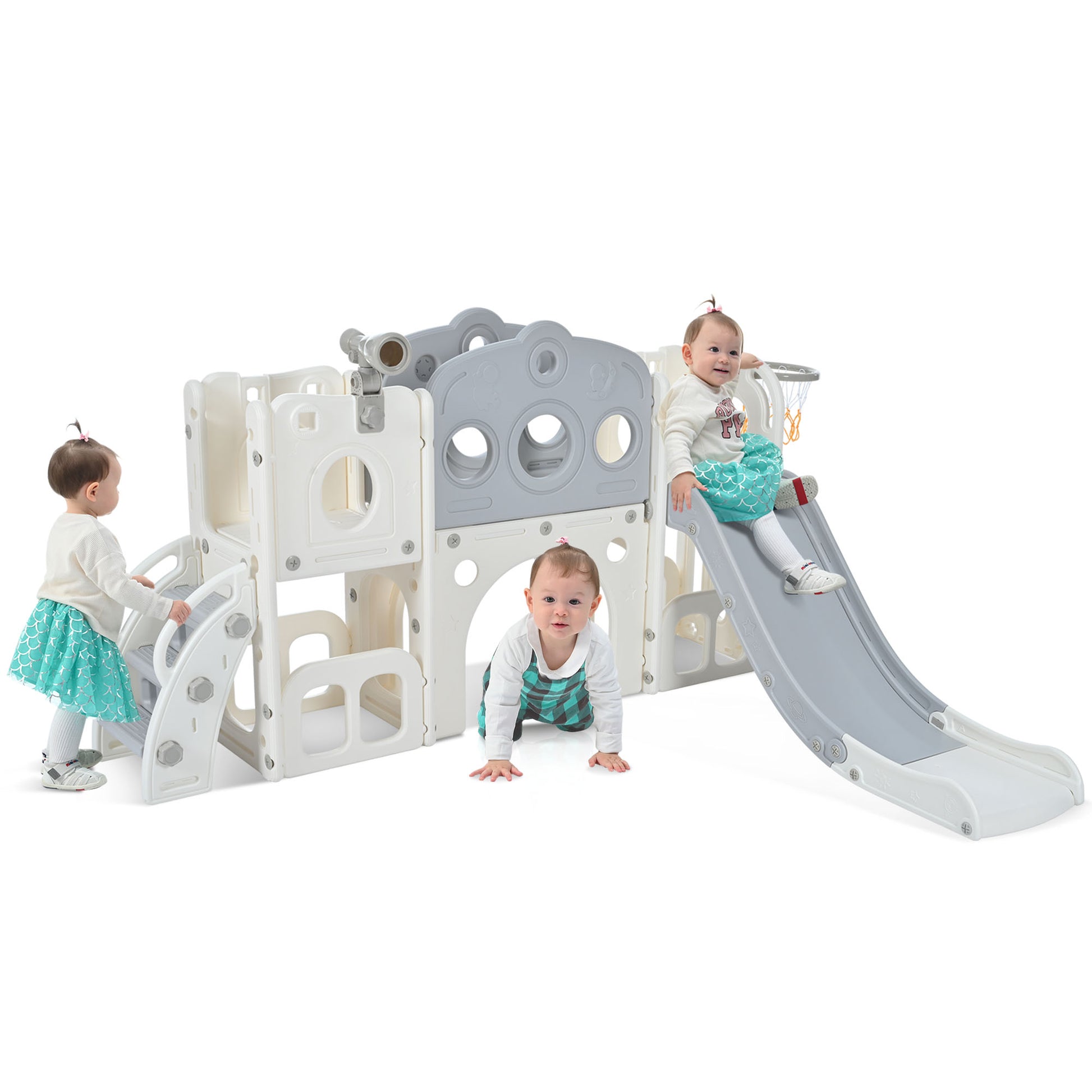 7 In 1 Toddler Slide Set, Freestanding Space Set With Slide, Kids Slide Playset Structure, Arch Tunnel And Basketball Hoop, Toy Storage Organizer For Toddlers, Kids Climbers Playground Grey White 50 99 Lbs Cute 1 To 2 Years Hdpe Indoor & Outdoor Use