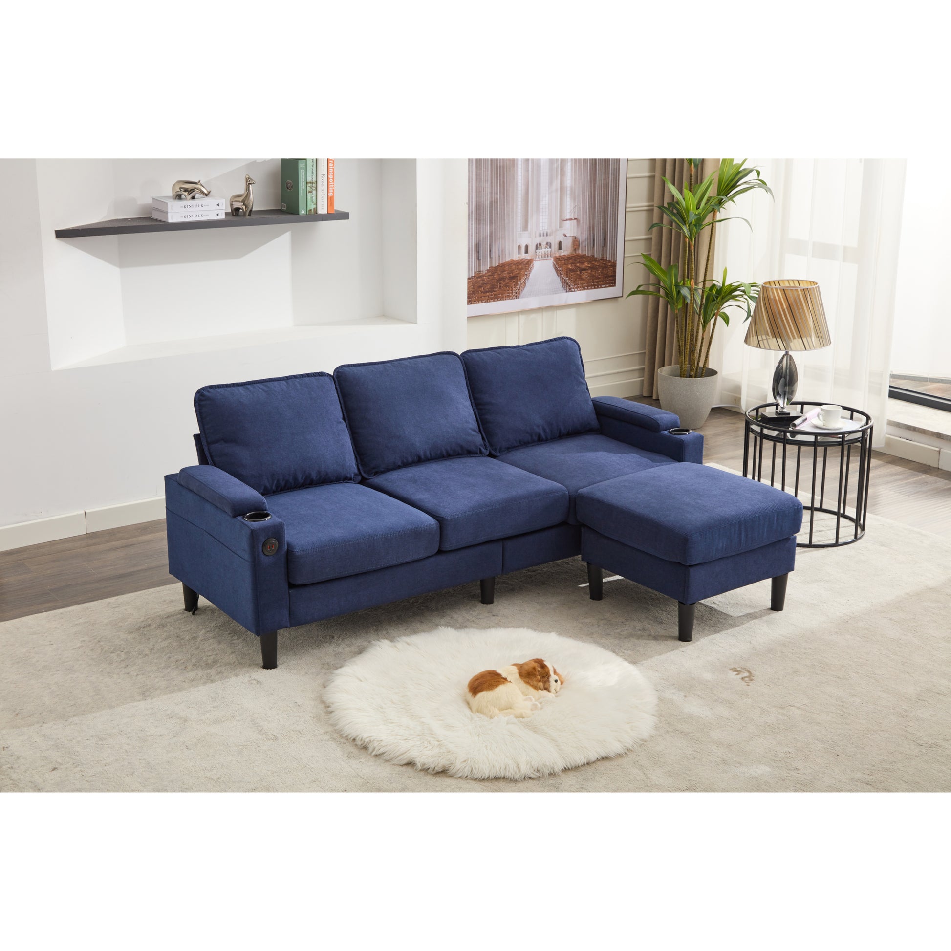 Blue Color Knock Down 3 Seat Combo Sofa With Storage Ottoman For Living Room Apartment Bedroom And Compact Room,Room, Upholstered Sectional Couch, L Shaped Bench With A Footrest, A Individual Stool White Wood Primary Living Space Heavy Duty Pine 3 Seat