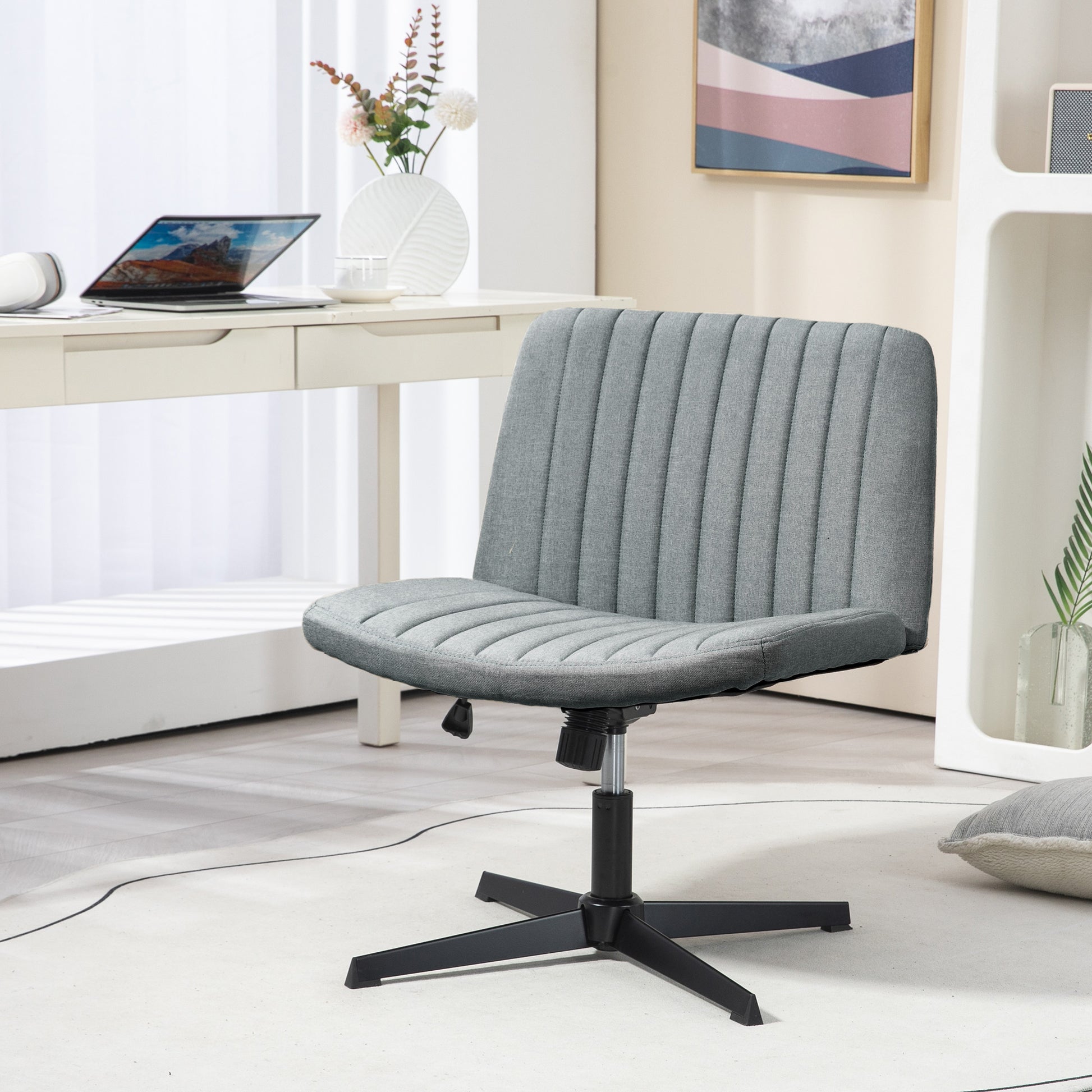 Homcom Wide Office Chair, Armless Office Desk Chair, Computer Fabric Vanity Chair With Adjustable Height, Gray Grey Polyester